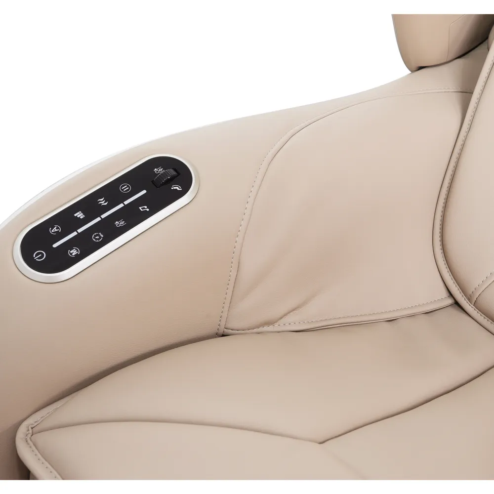 Beige Massagesessel-Armlehne, Bedienfeld mit Knöpfen und Bedienelementen.