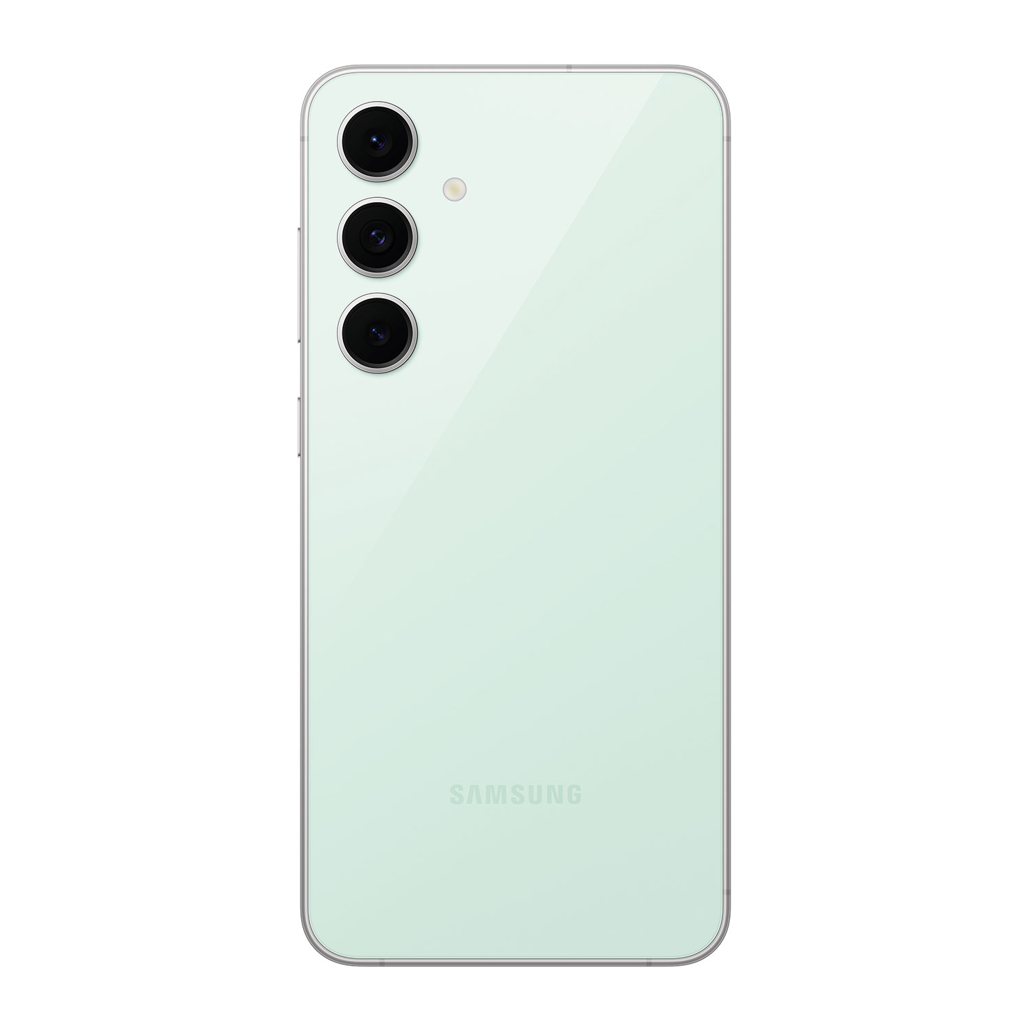 Smartphone-Rückseite, mintgrün, Dreifachkamera, Samsung-Logo.
