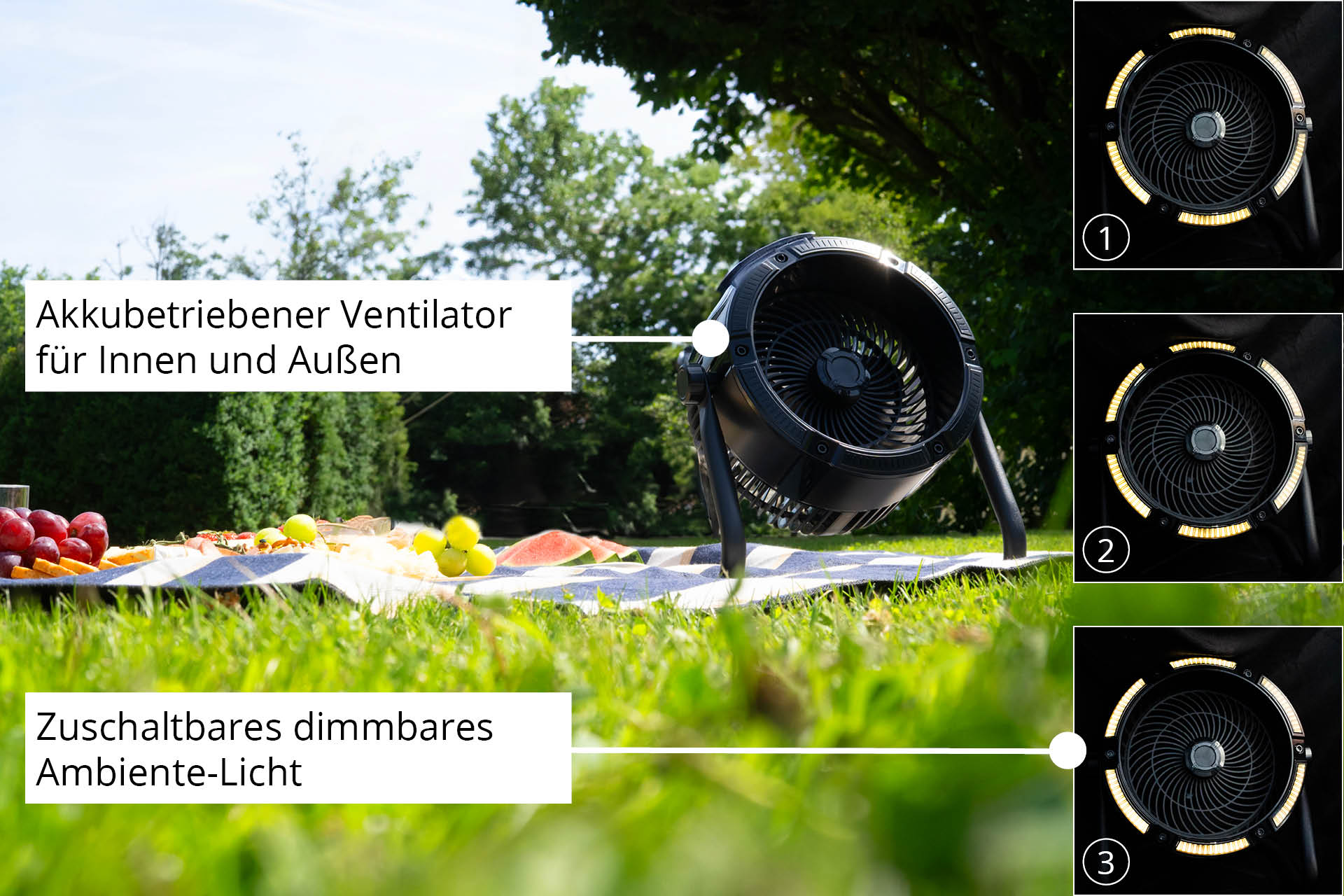Schwarzer Außenventilator mit Umgebungslicht auf Picknickdecke mit Früchten. Bäume und Himmel im Hintergrund.