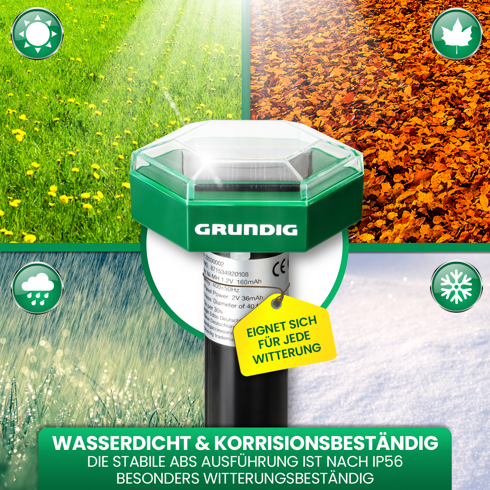 Ein Maulwurfschreck mit grünem Deckel. Das Bild zeigt verschiedene Wetterszenarien.
