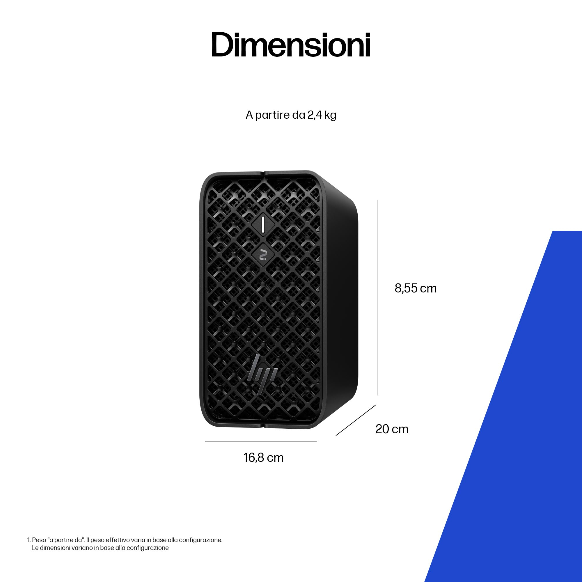 Un computer nero su sfondo bianco con dimensioni. È una mini workstation.