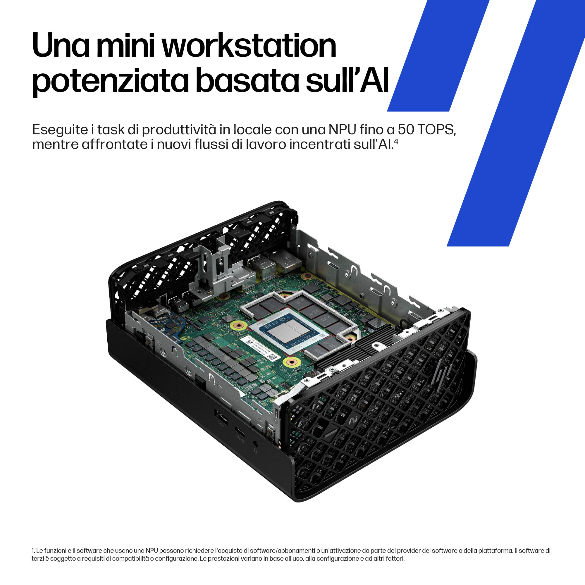 Computer nero aperto con circuito stampato verde visibile. Testo sulla workstation AI.