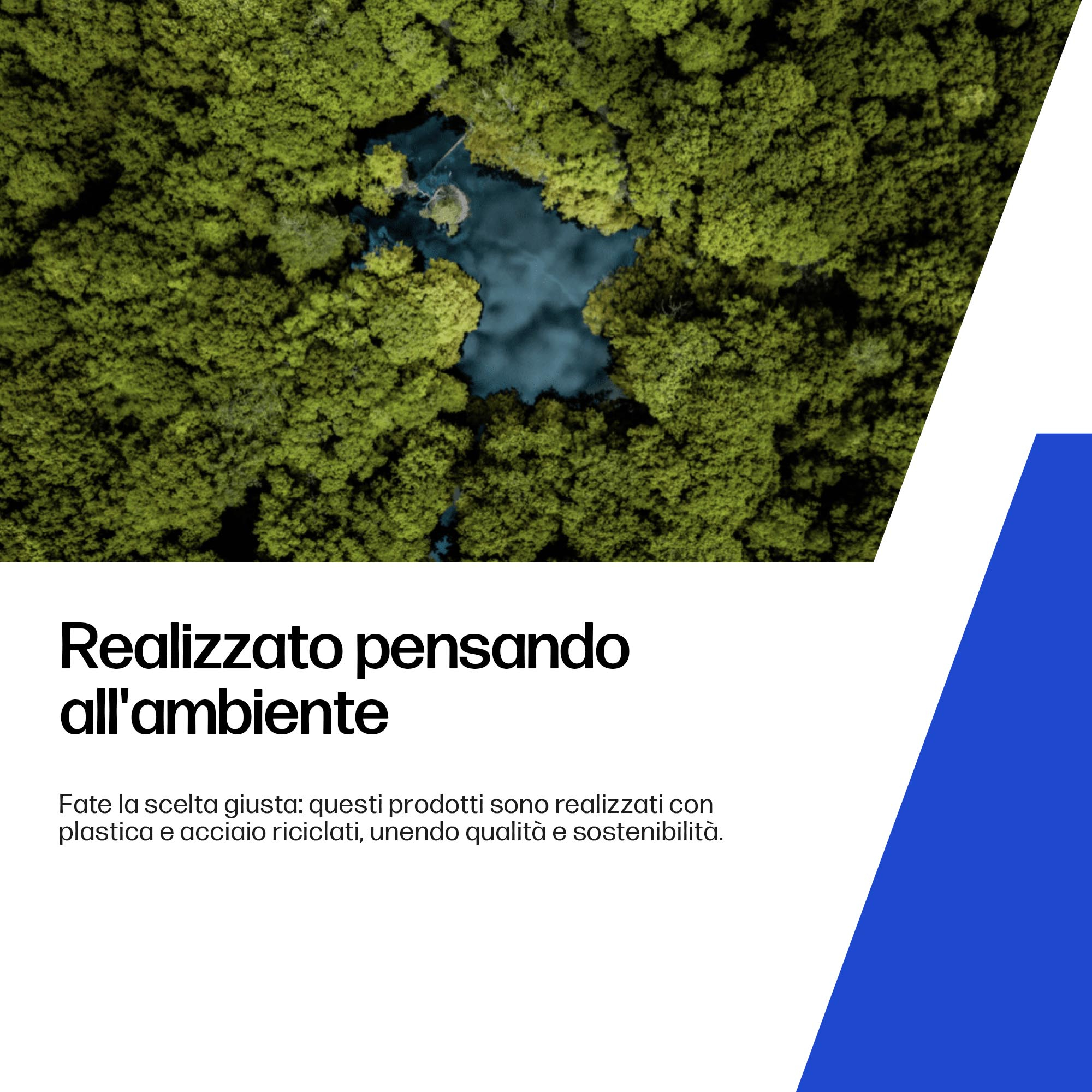 Vista aerea di una foresta con un lago blu scuro. Il testo promuove prodotti ecologici.