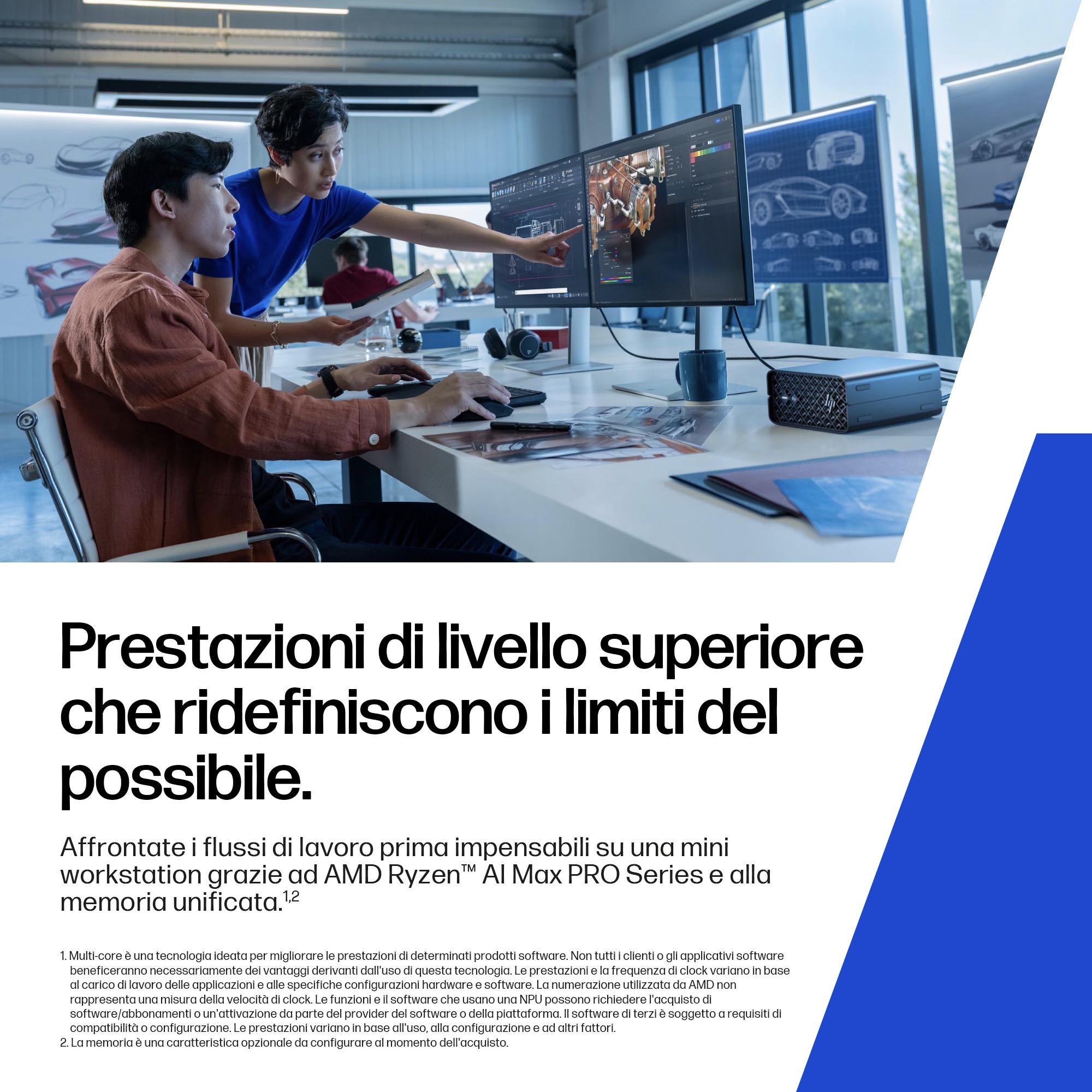Due persone che guardano uno schermo del computer. Testo in italiano in basso. La scena è un ambiente d'ufficio.