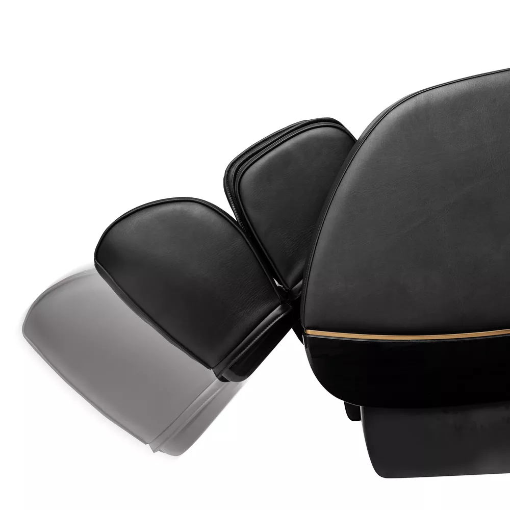Black office chair. Angled view, showing the back with side armrests. Gold trim on the side.