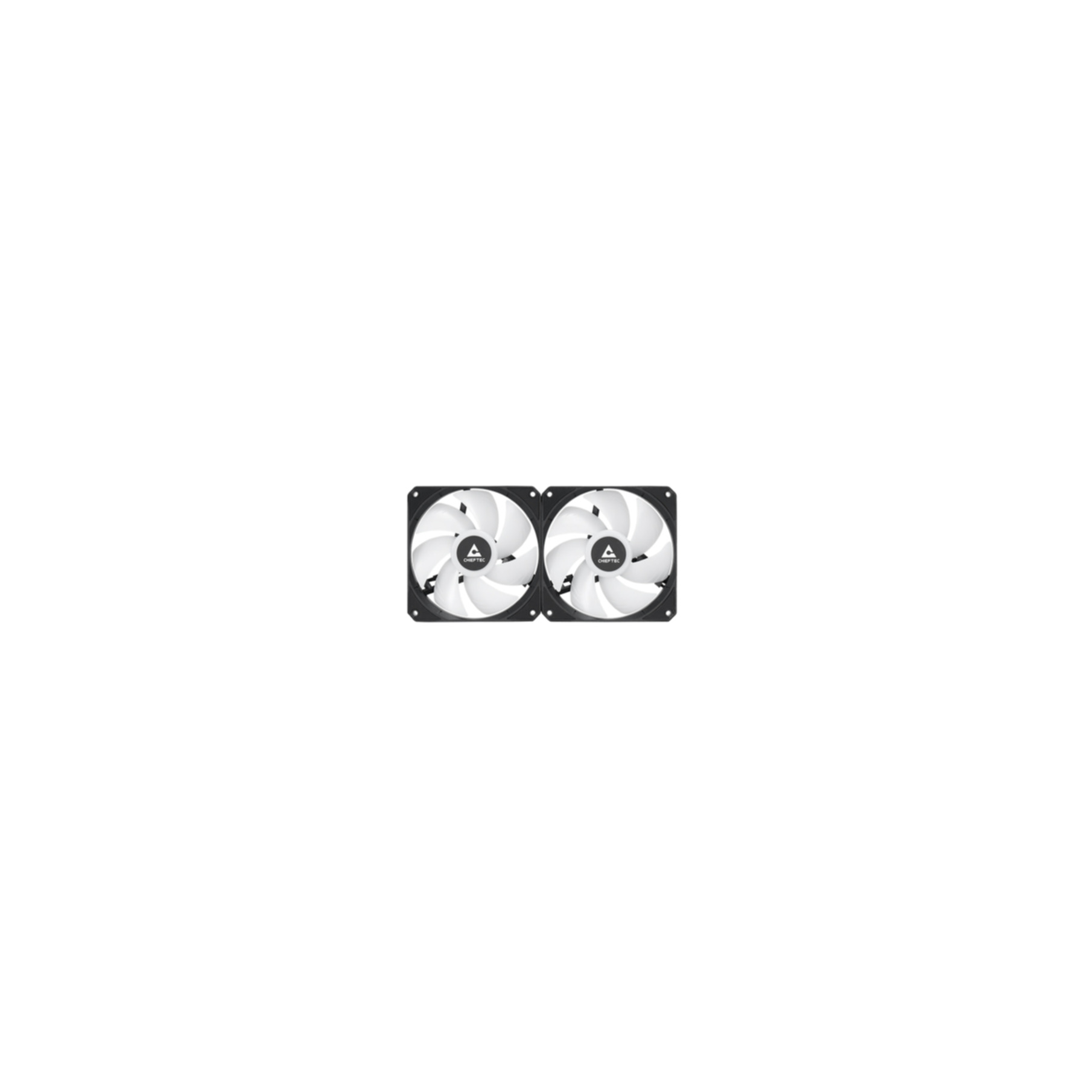 Two white computer fans on a black frame, viewed from the front. The blades are visible, with a white background.