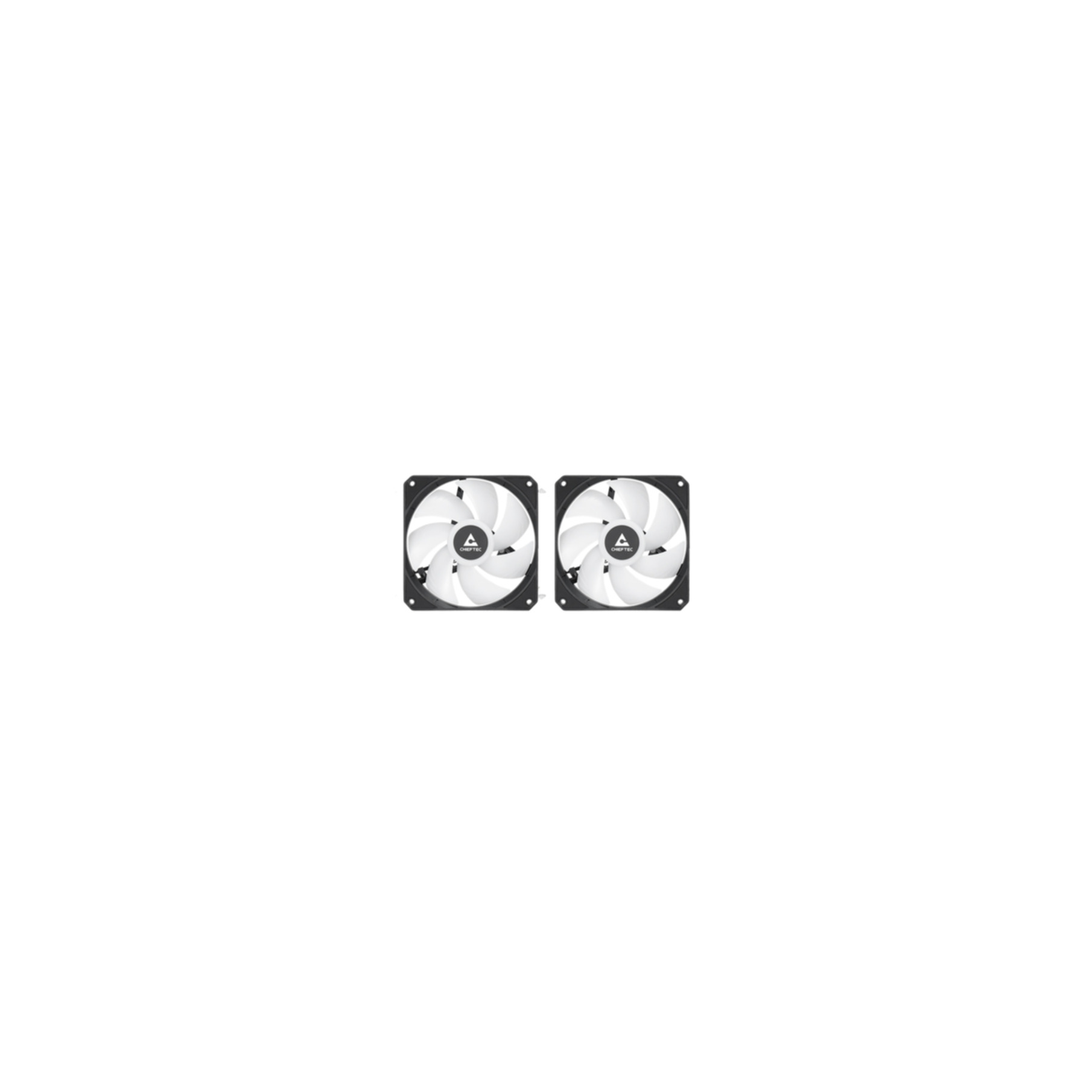 Two white computer fans with black frames, blades visible, on a white background.