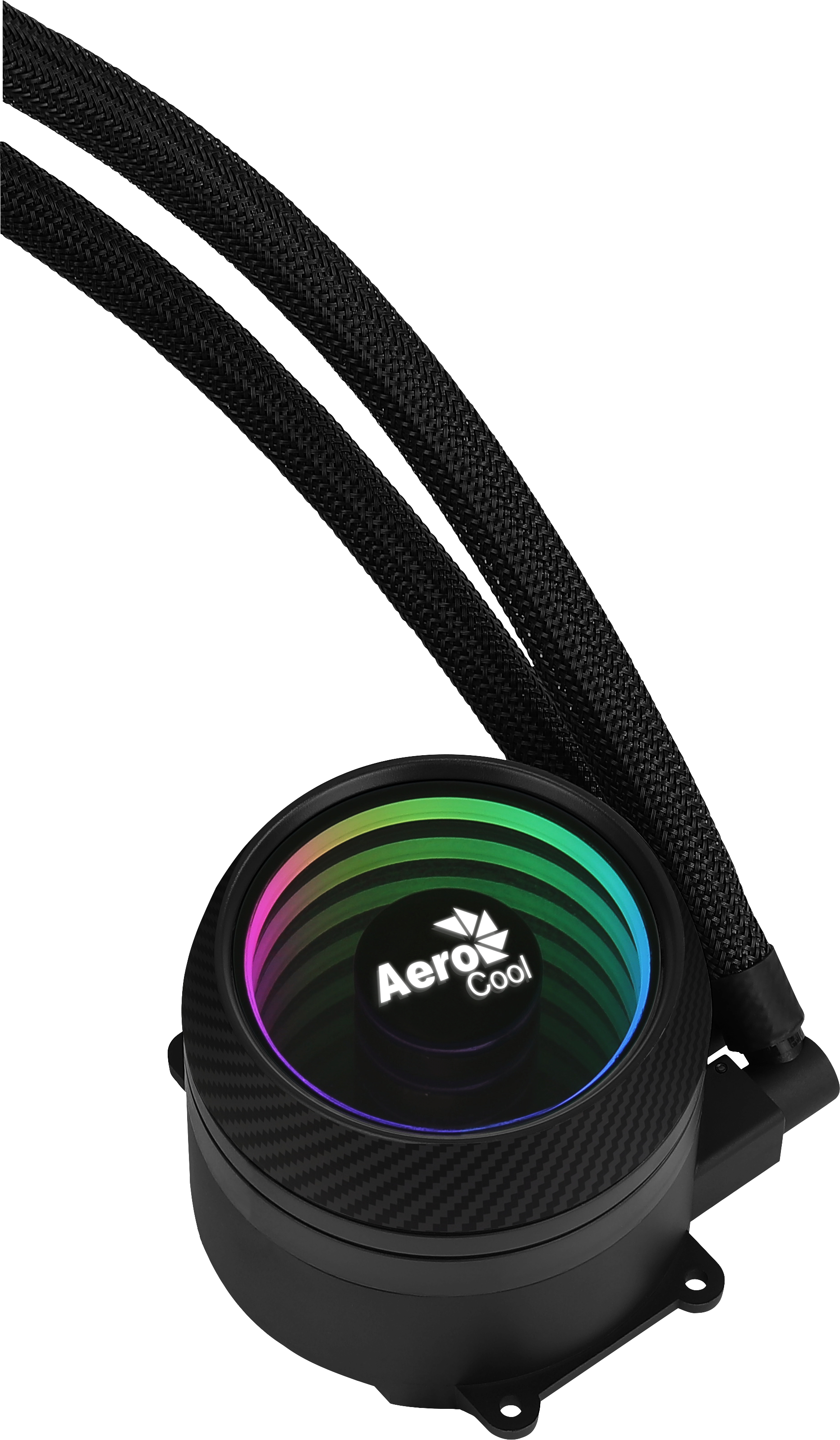 Dissipatore a liquido AeroCool con ventola circolare illuminata ad arcobaleno e due tubi neri. Sfondo bianco e nero.