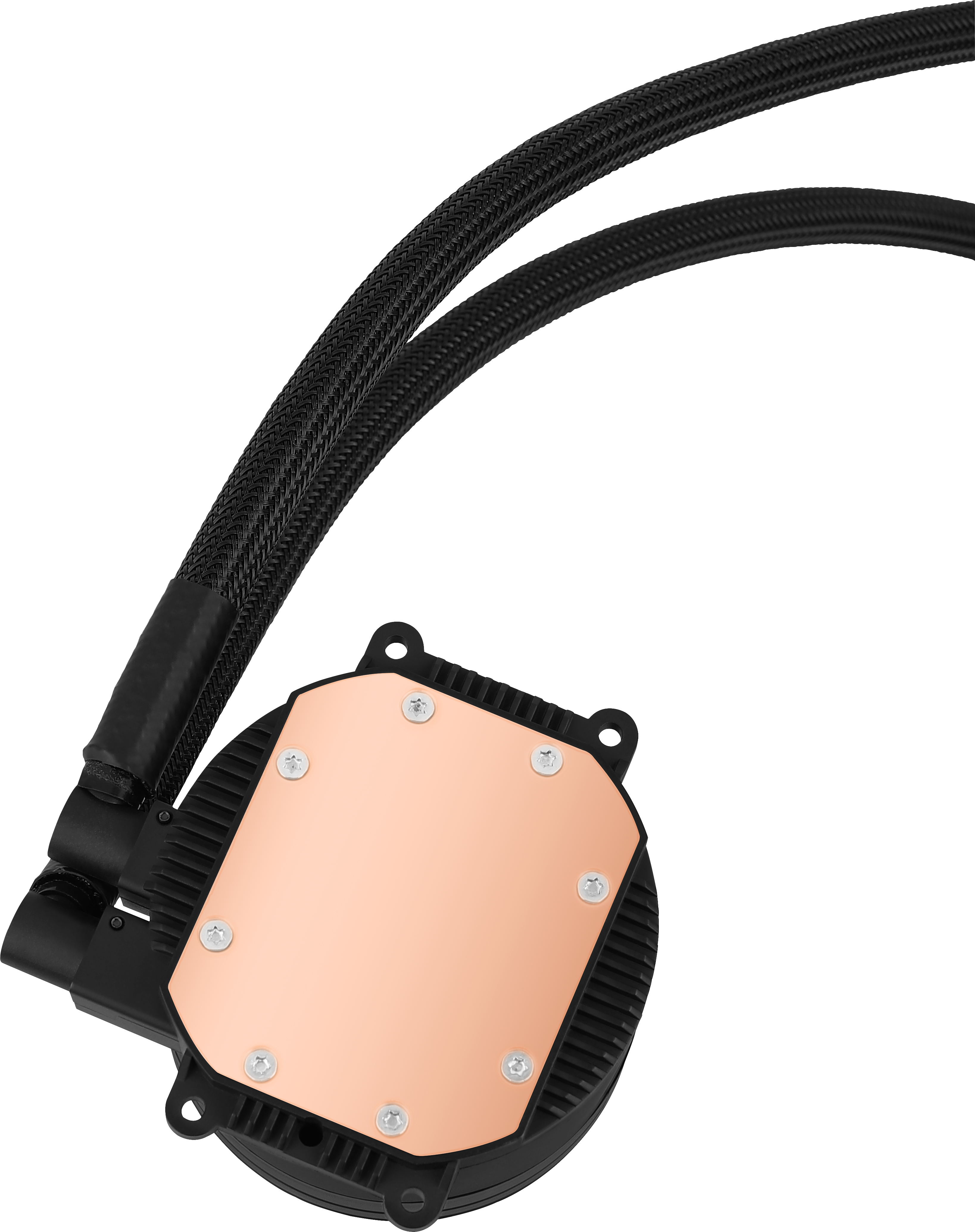 Zbliżenie chłodnicy cieczy z miedzianą podstawą i czarnymi rurkami. Widoczne śruby. Białe tło.