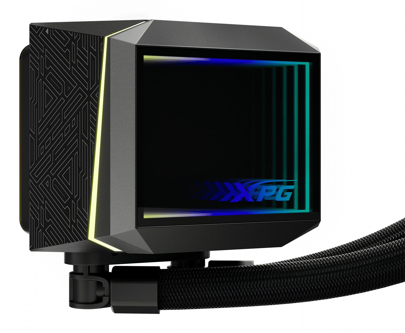 An XPG liquid cooler with a black frame and a lit display. It has black tubes and a white background.
