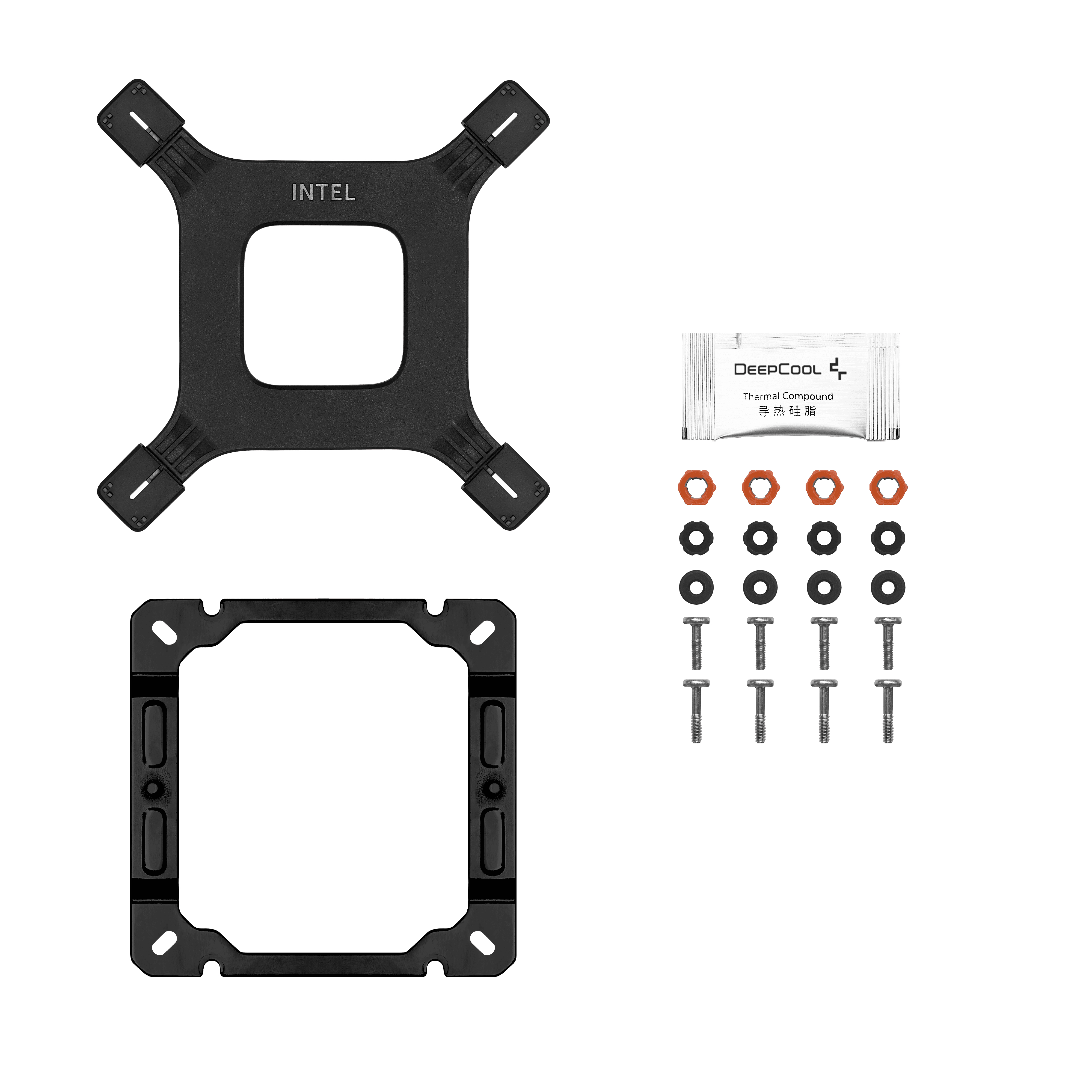 Zwarte CPU-koeler montage hardware, inclusief beugels, schroeven en thermische pasta.