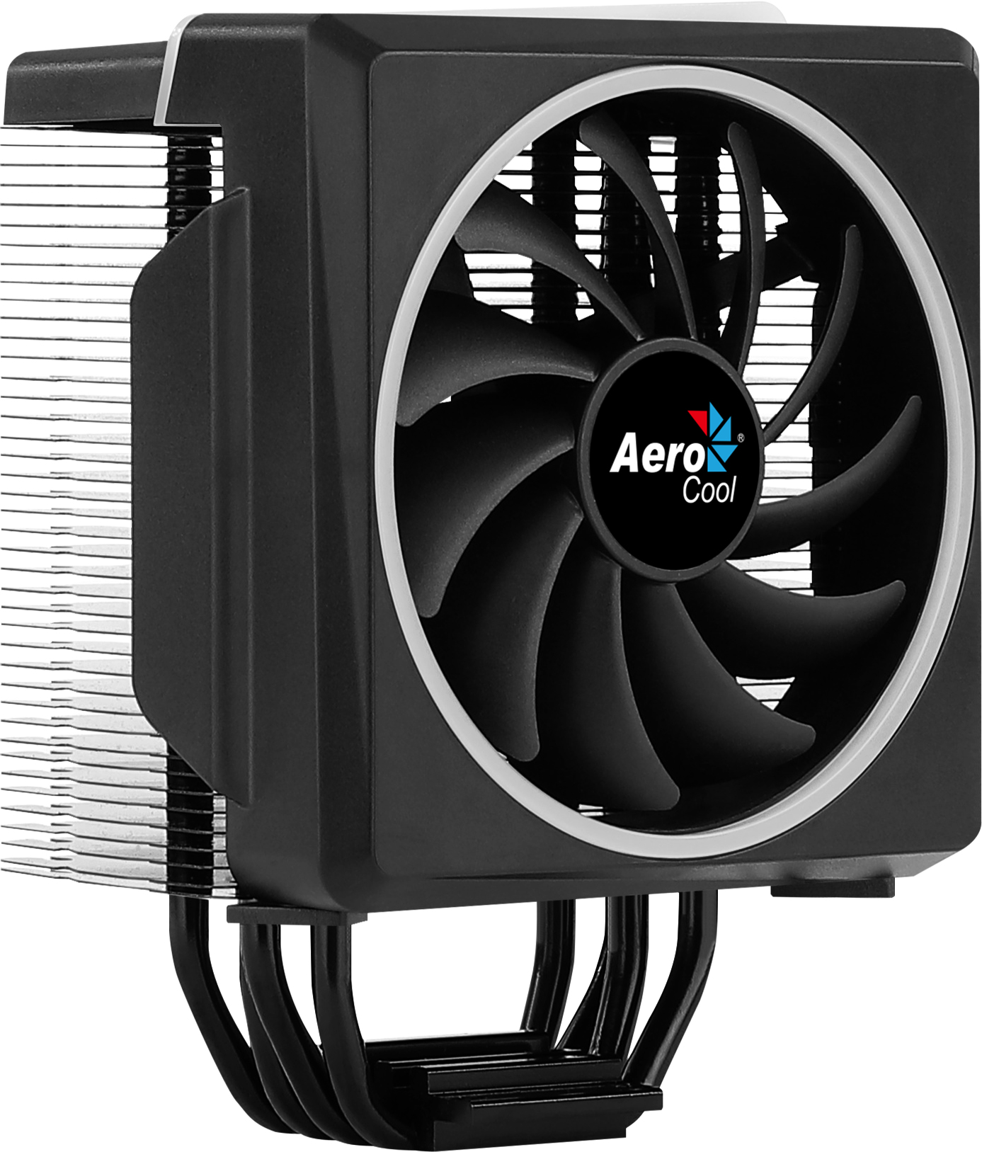 Nahaufnahme eines schwarzen AeroCool CPU-Kühlers. Schwarzer Lüfter mit weißem Rand, silberne Lamellen.