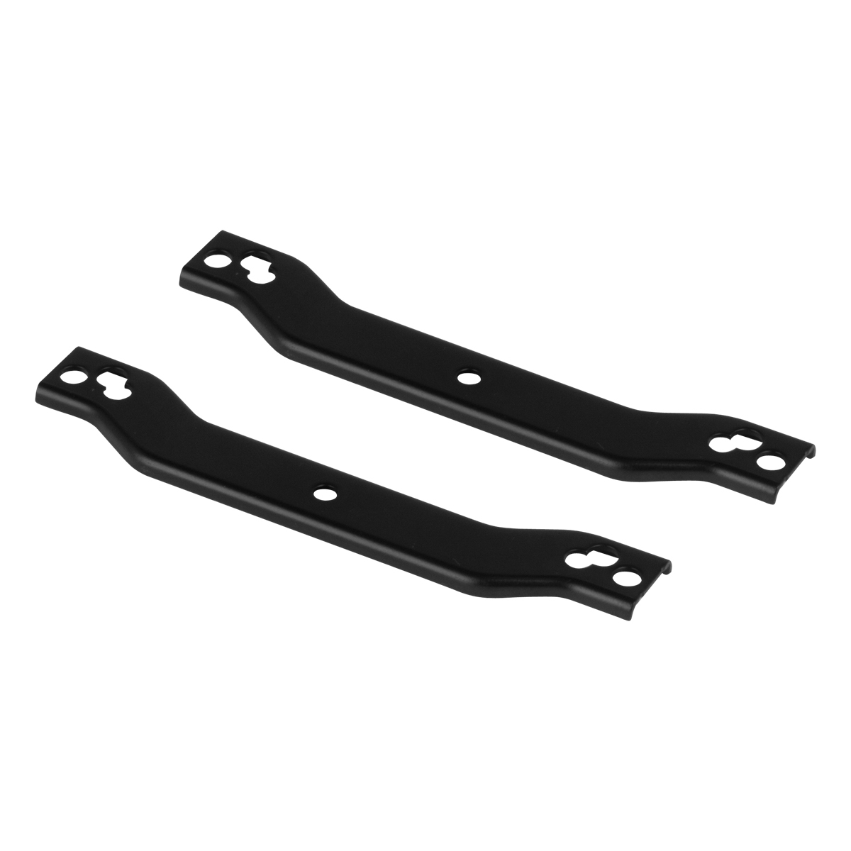 Dwa czarne metalowe wsporniki, prawdopodobnie do montażu chłodnicy procesora, na białej powierzchni.