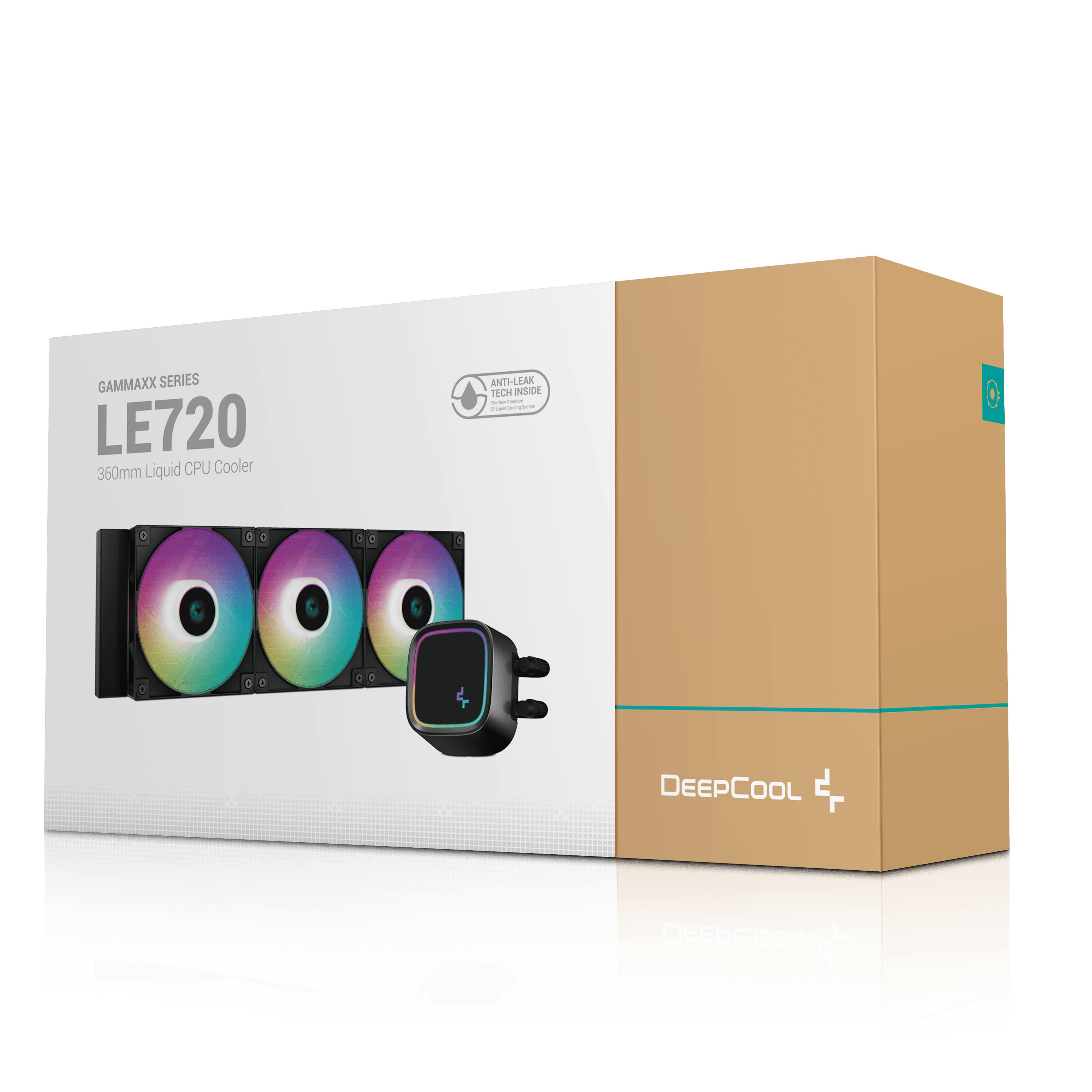 Boxed DeepCool LE720 liquid CPU cooler, with fan assembly and pump. Isolated on white background.