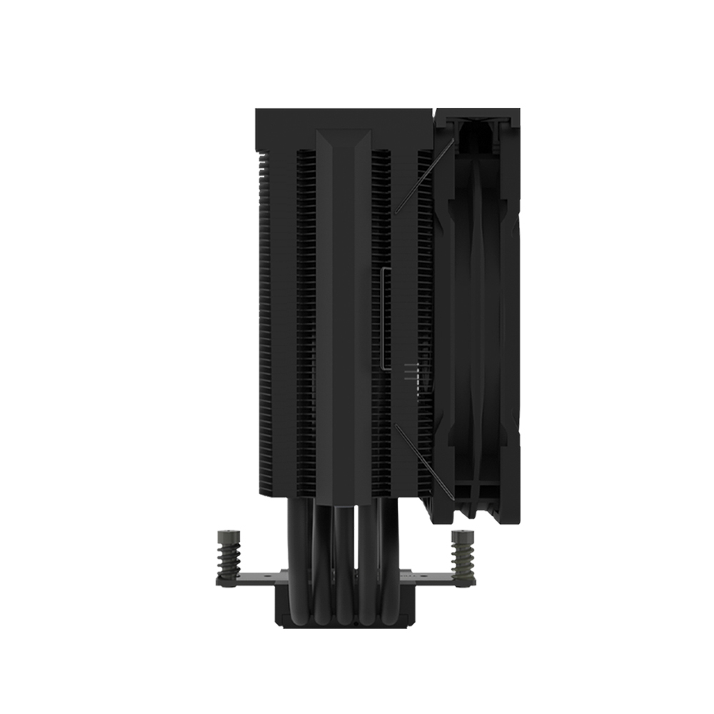 Schwarzer CPU-Kühler, vertikale Ausrichtung, mit Lamellen und Heatpipes. Auf weißem Hintergrund isoliert.