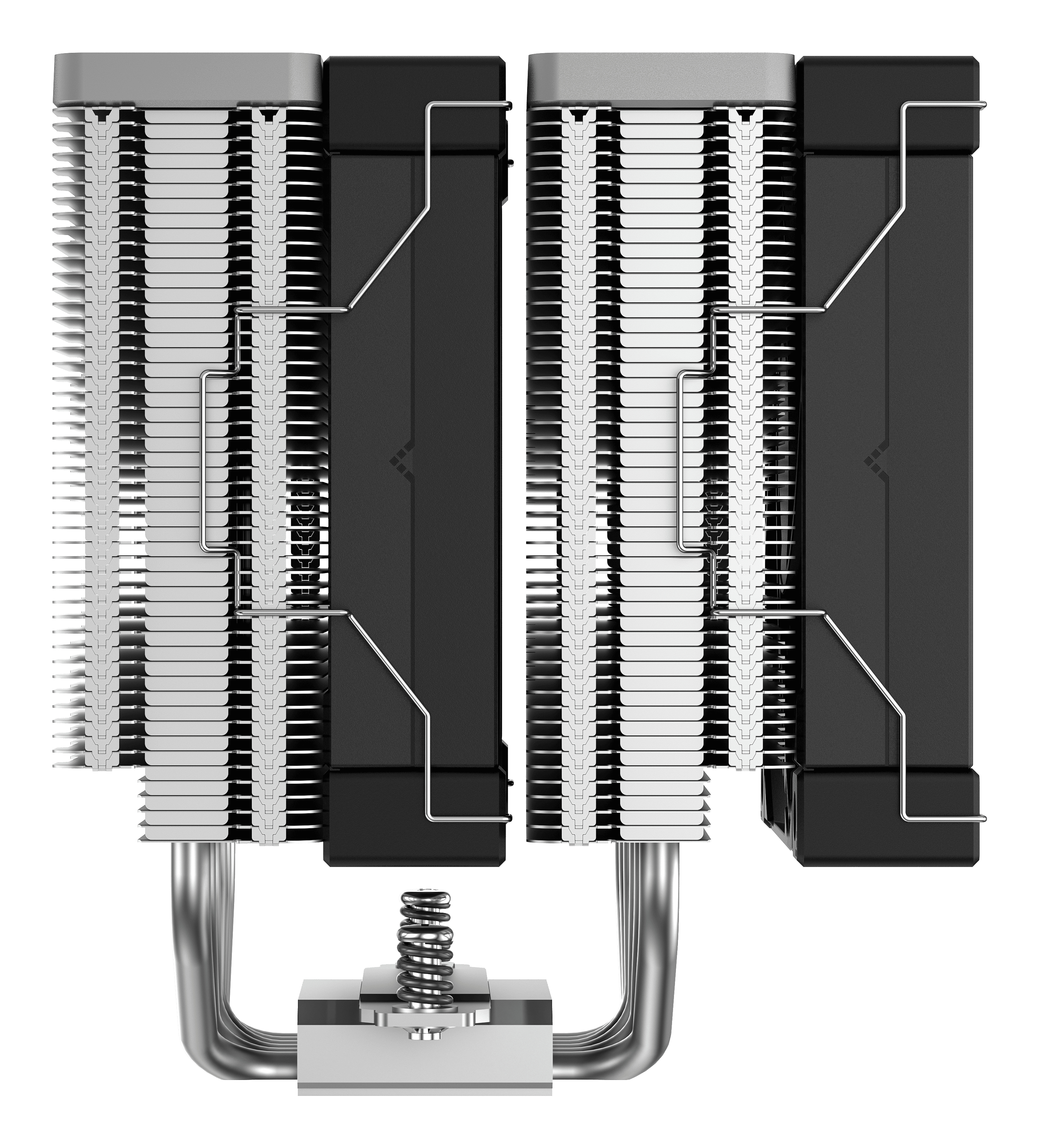 Dwa czarne i srebrne chłodzenia procesora z rurkami cieplnymi. Chłodnice obok siebie na białej powierzchni.