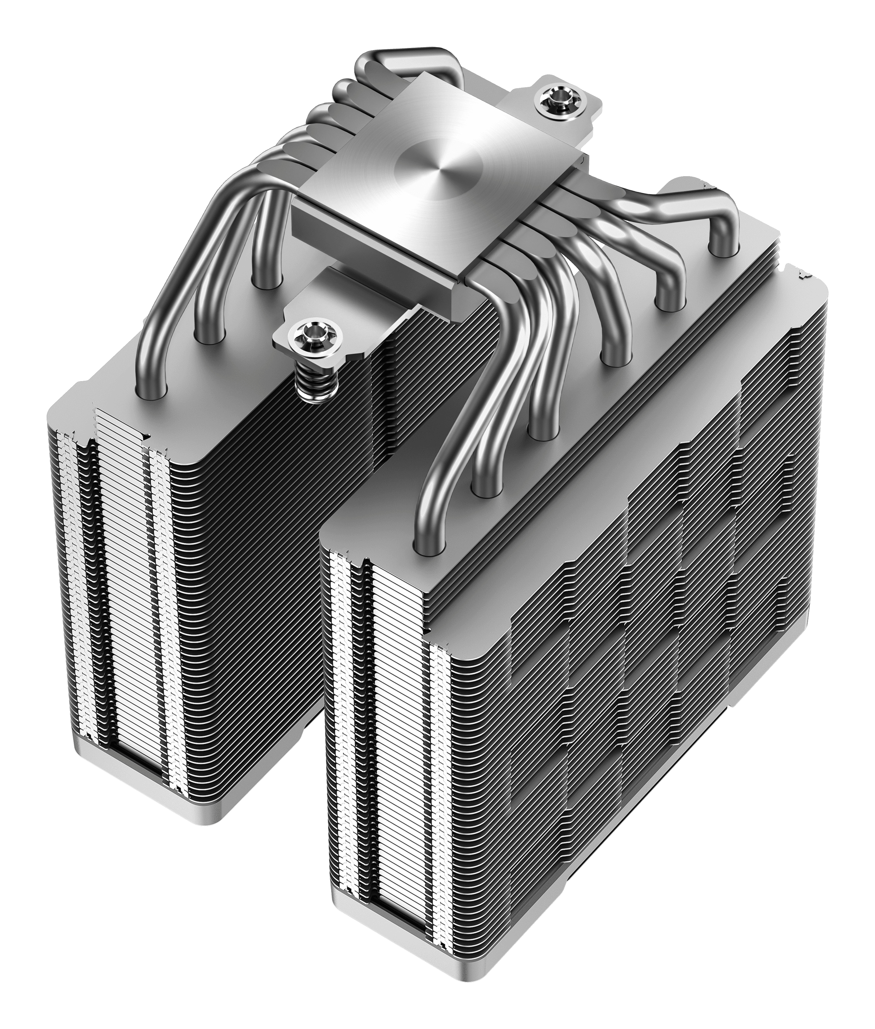 Chłodnica komputera z dwoma stosami żeber i srebrnymi rurkami cieplnymi.