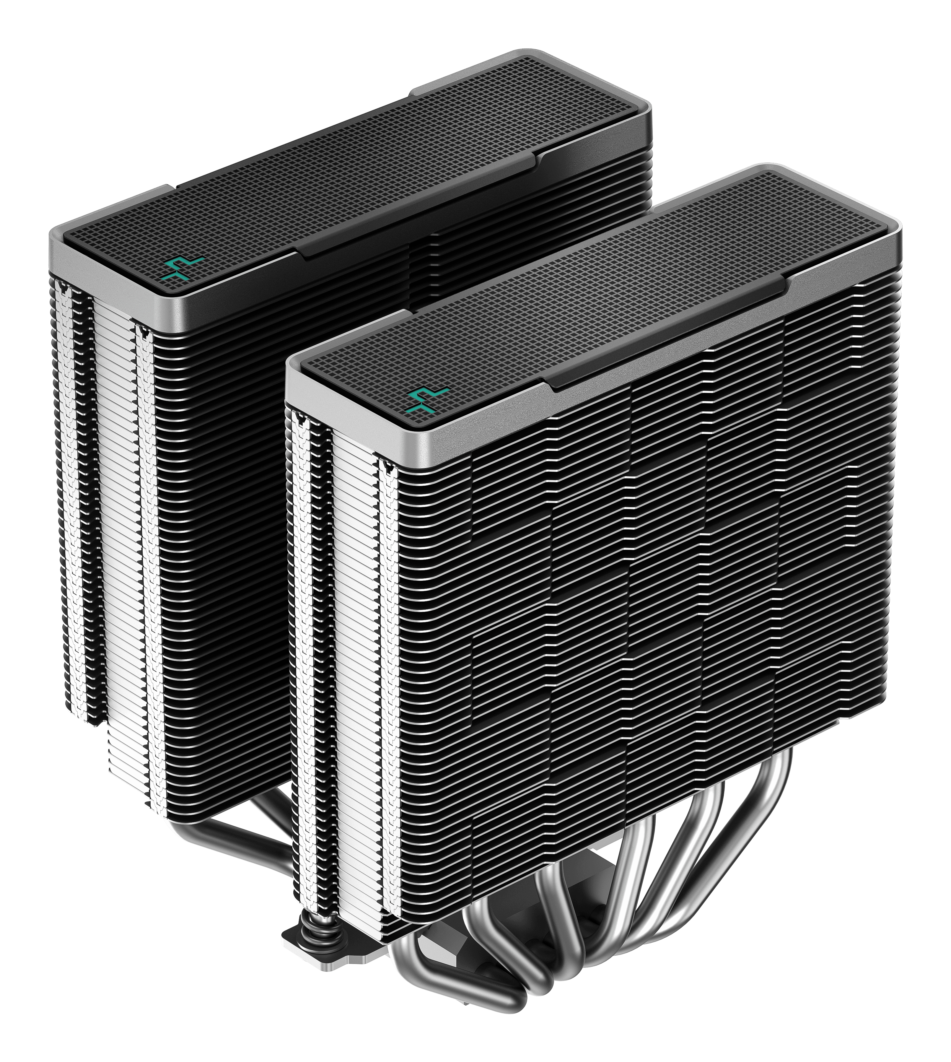 Dwa czarne coolery CPU, ułożone jeden na drugim. Srebrne żeberka i logo DeepCool. Na białym tle.