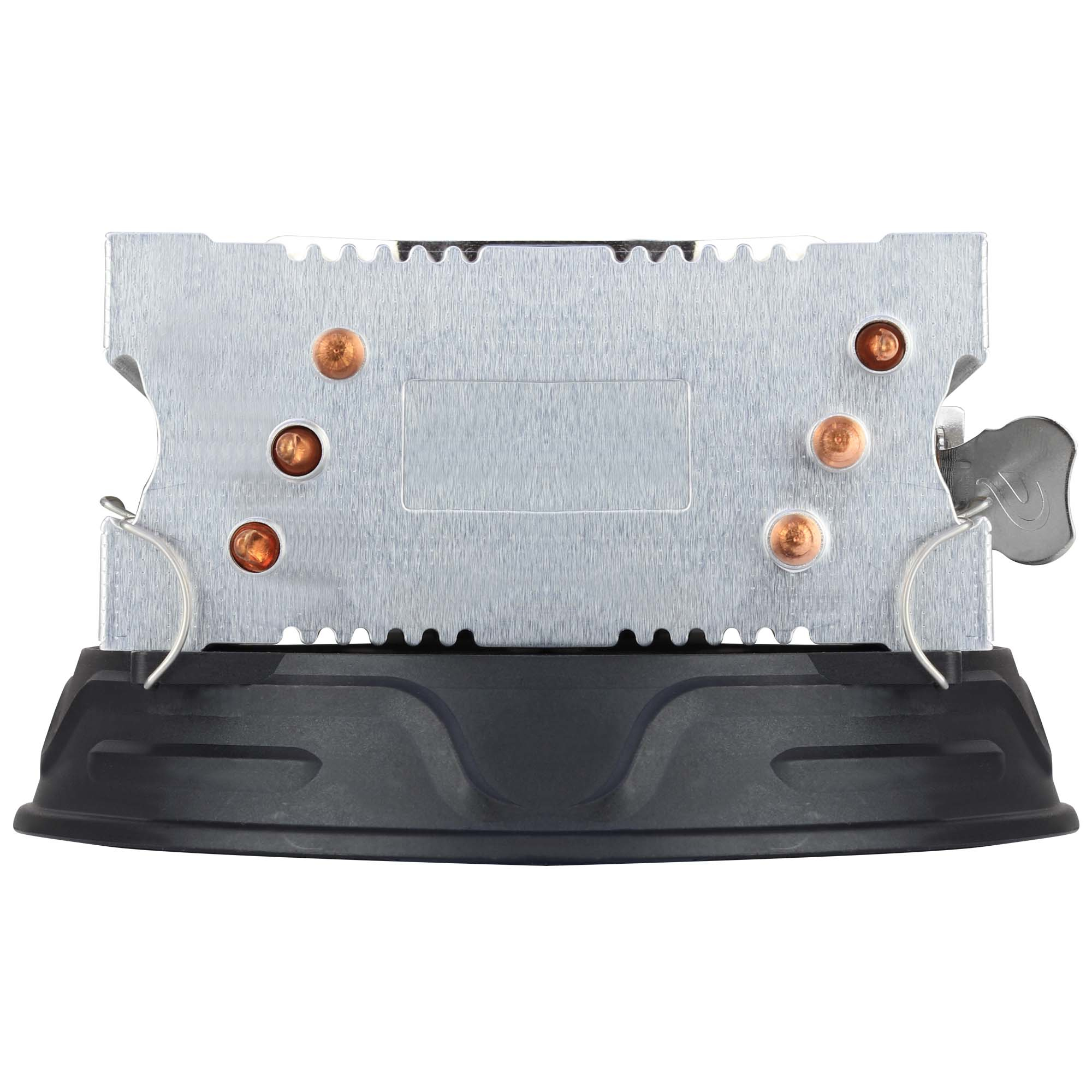 Base dissipatore CPU argento e nera, con heat pipe in rame e hardware di montaggio. Vista isolata.
