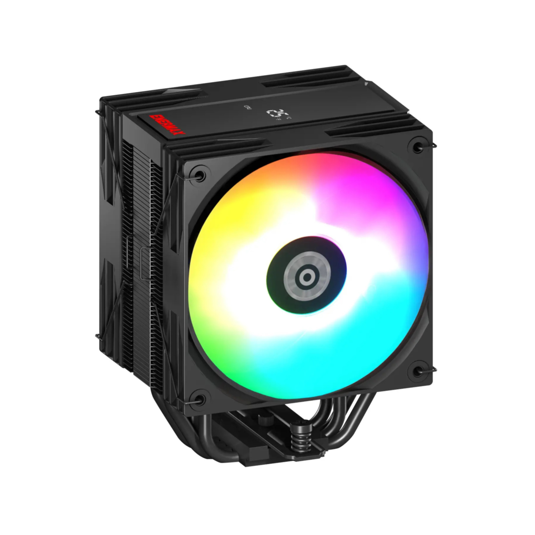 Schwarzer CPU-Kühler mit bunt beleuchtetem Lüfter. Schräge Ansicht, isoliert auf weißem Grund.