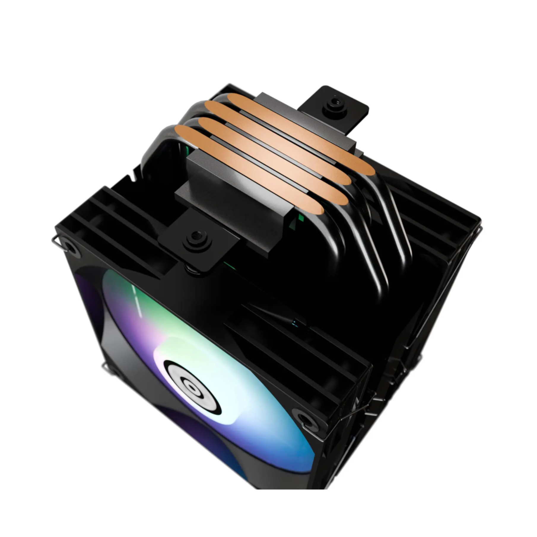 Schwarzer Computerkühler mit Lüfter, der ein farbenfrohes Licht hat, und Kupfer-Heatpipes oben drauf.