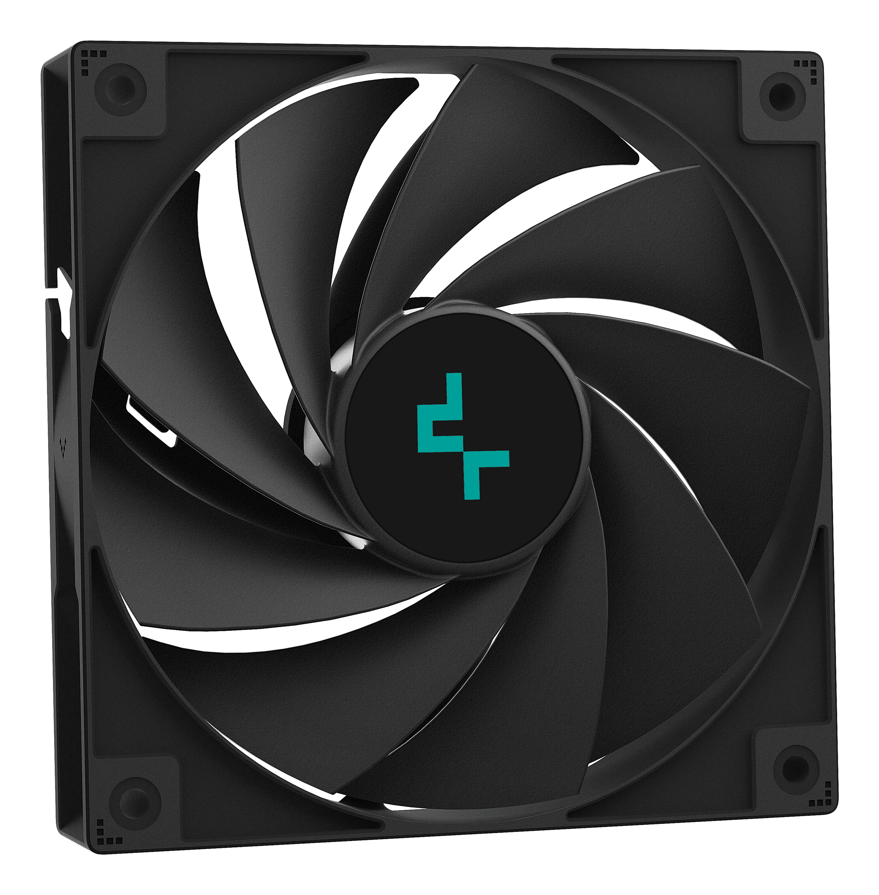 Black PC fan with curved blades. Deepcool logo in the center. Square frame with mounting holes.