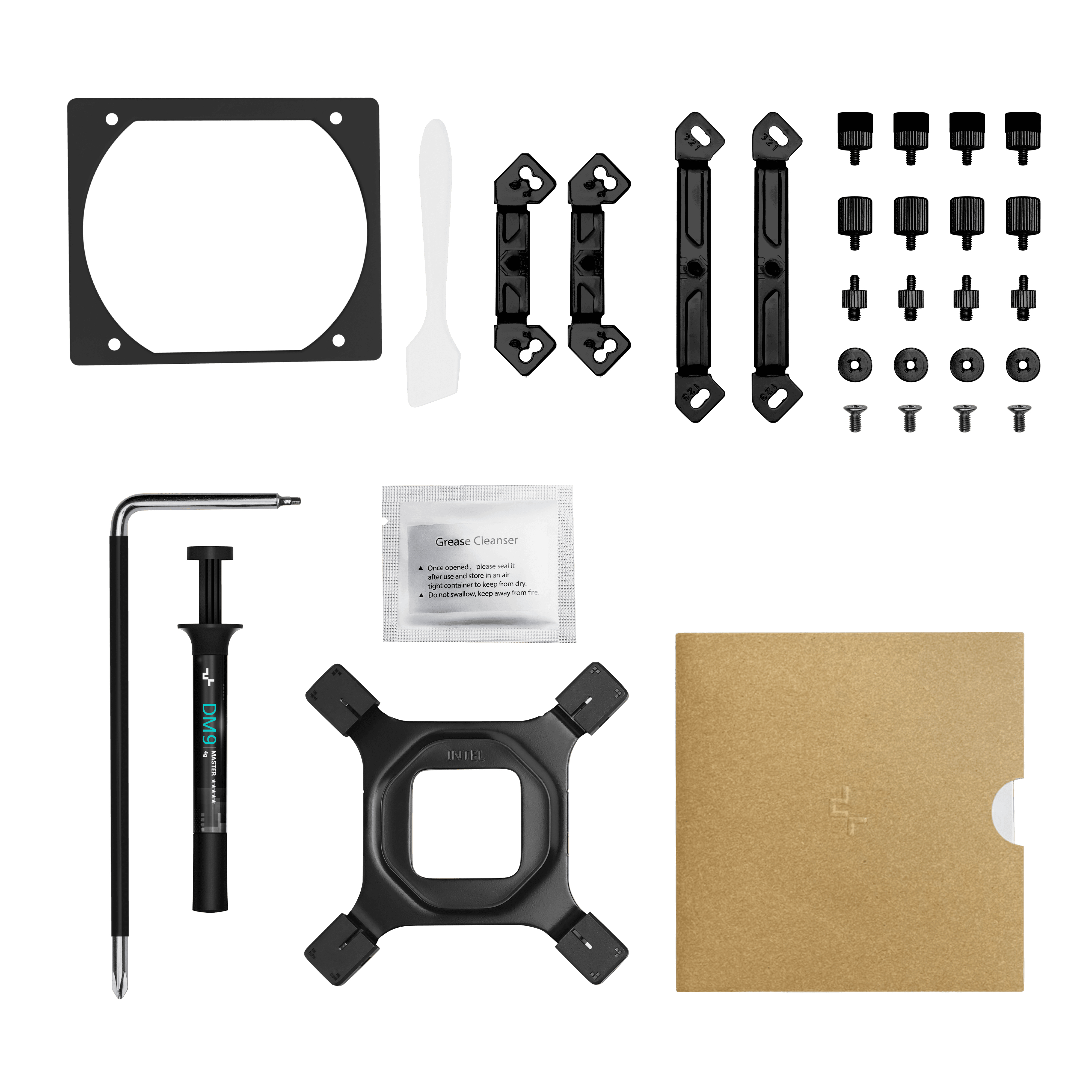 Assorted PC cooling components: brackets, screws, a thermal paste tube, a screwdriver, and a square frame.