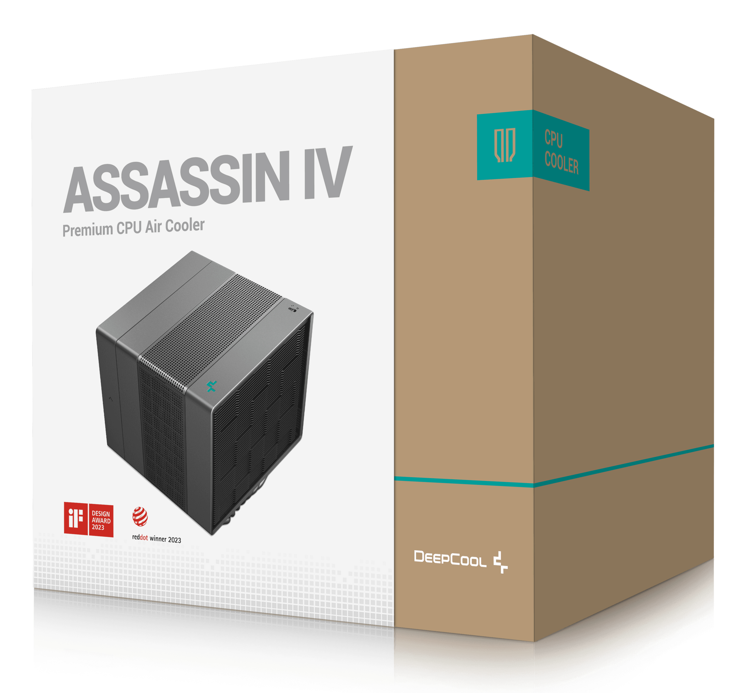 Boxed DeepCool Assassin IV CPU cooler. Gray cooler detail visible. Isolated on a white background.
