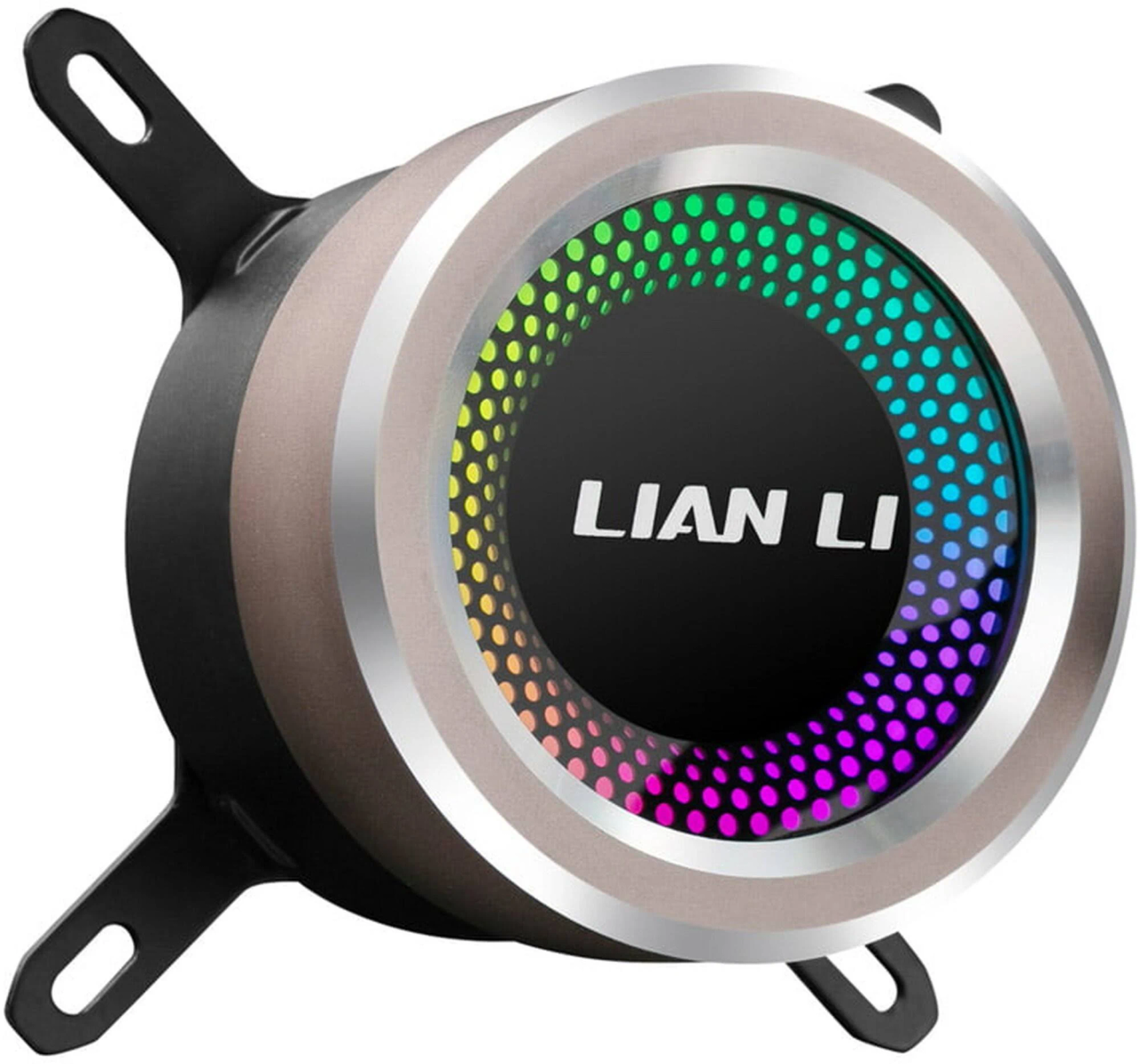 Okrągłe chłodzenie wodne CPU z oświetleniem RGB. Czarno-srebrne z logo LIAN LI. Ramiona wsporników wystają.