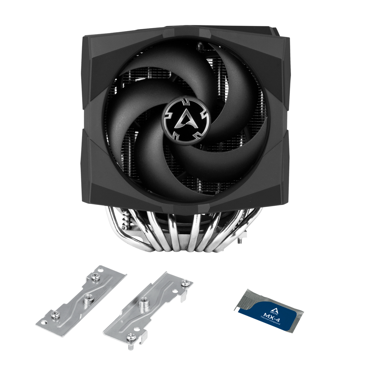 Dissipatore CPU nero con ventola, logo e staffe di montaggio. Piccolo tubetto di pasta termica a destra.