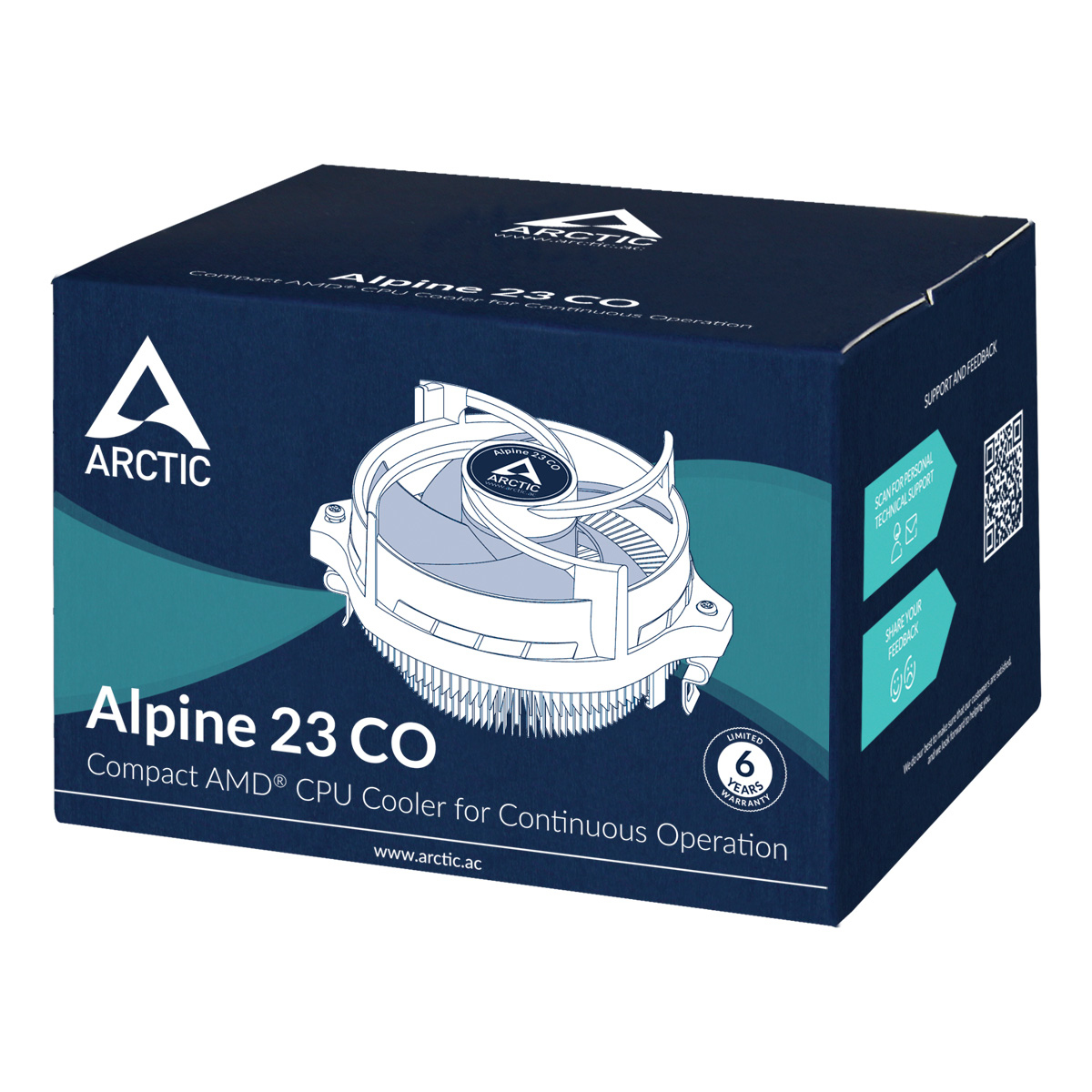 Blauwe en witte Arctic Alpine 23 CO-doos, met een CPU-koeler afbeelding en productdetails. Witte achtergrond.