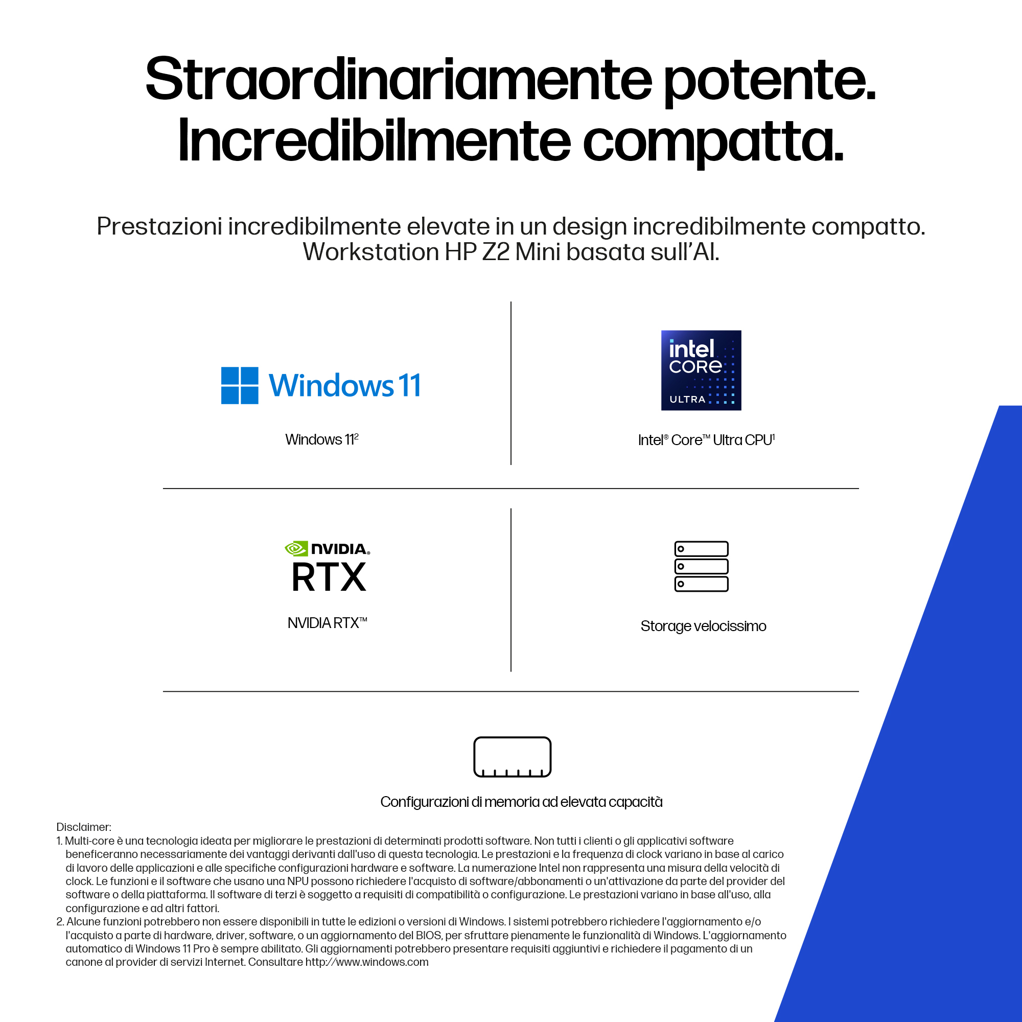 Una pubblicità con testo e loghi per Windows 11, Intel Core Ultra CPU e NVIDIA RTX, con un disclaimer.