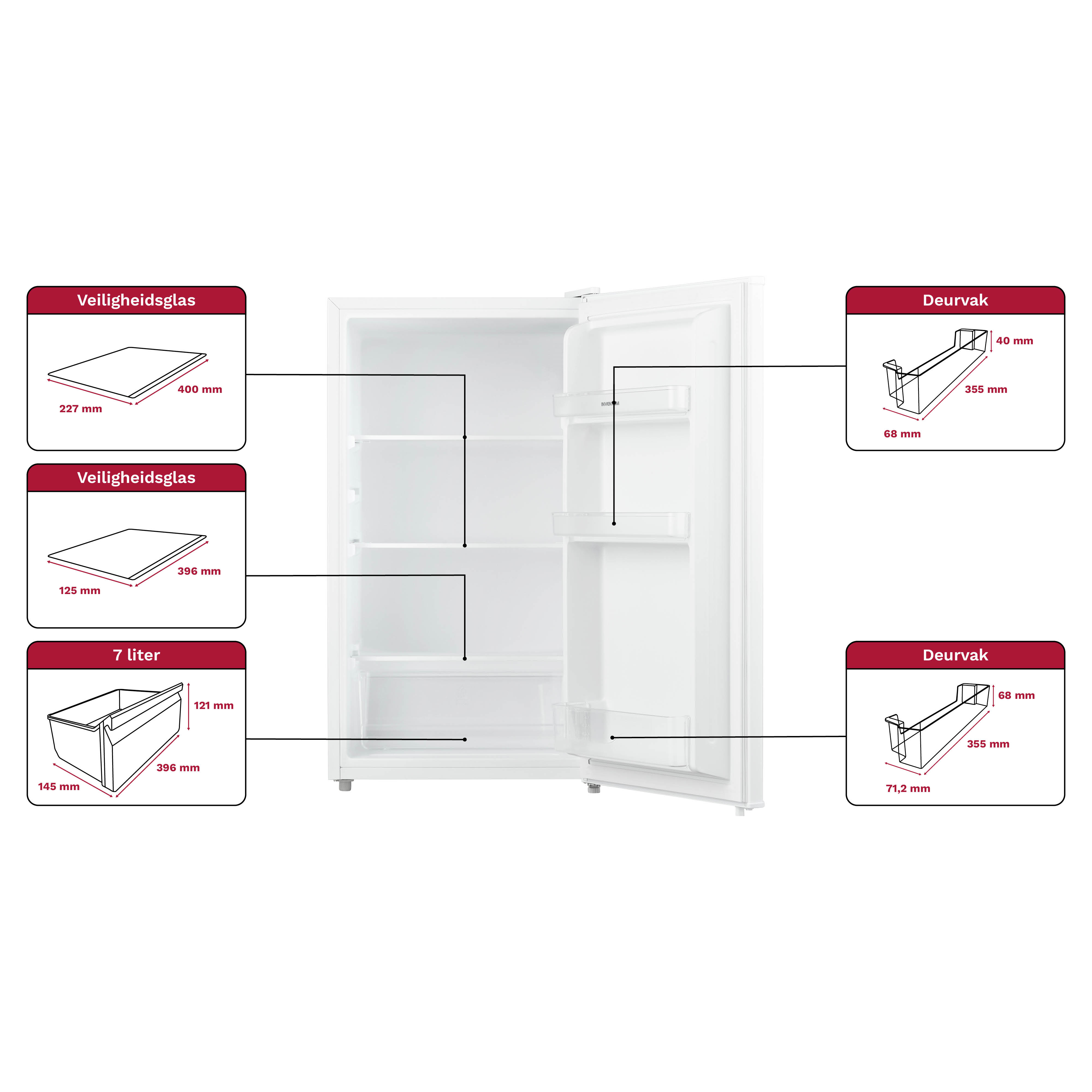 A white refrigerator open, showing shelves and dimensions. Diagrams show dimensions of shelves and door racks.