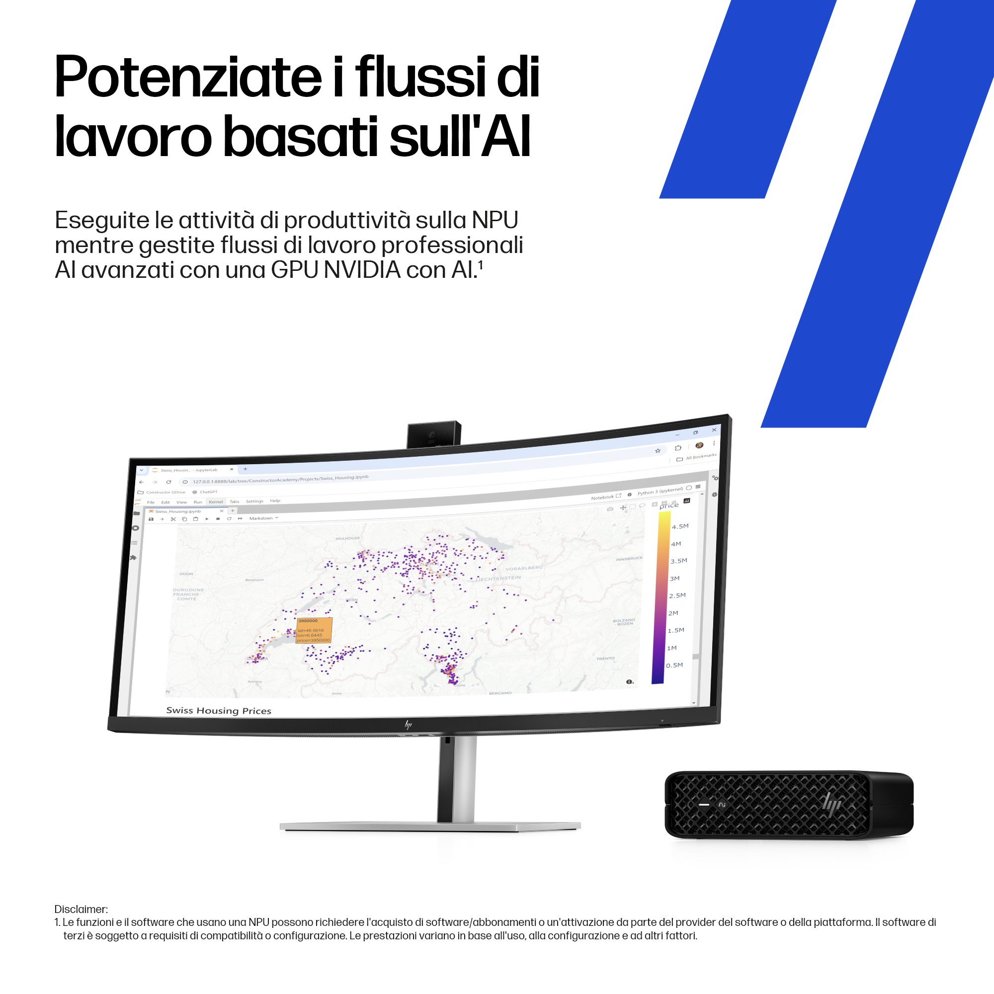 Una pubblicità che mostra un monitor di computer che mostra una mappa, un computer nero e una grafica blu e bianca.