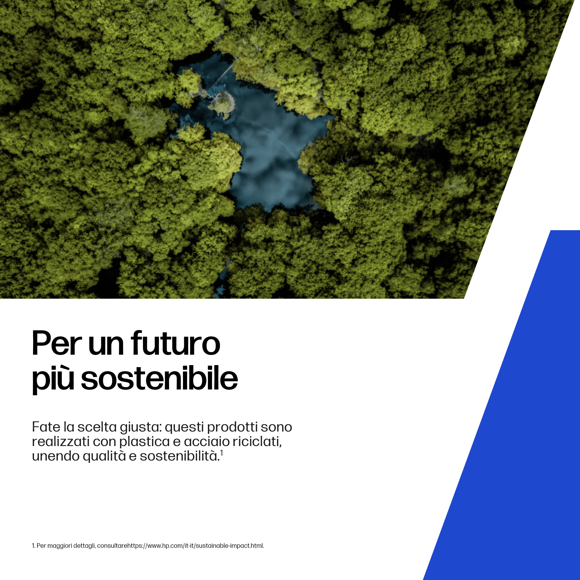 Una vista aerea di una foresta con un corpo idrico blu. Testo bianco e blu con un messaggio di sostenibilità.