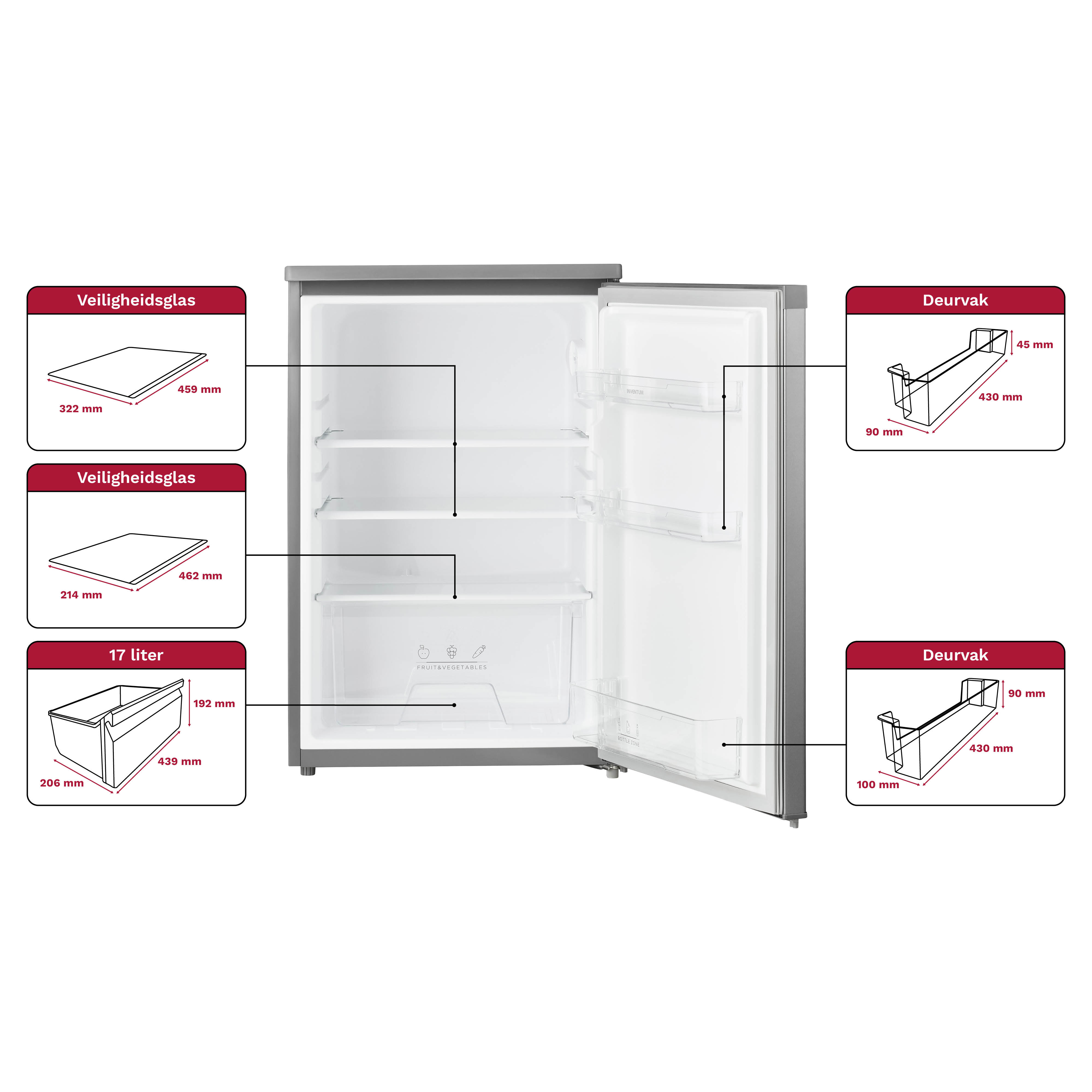 Silver refrigerator with open door. Inside are shelves and a drawer. Labels show the dimensions of the components.