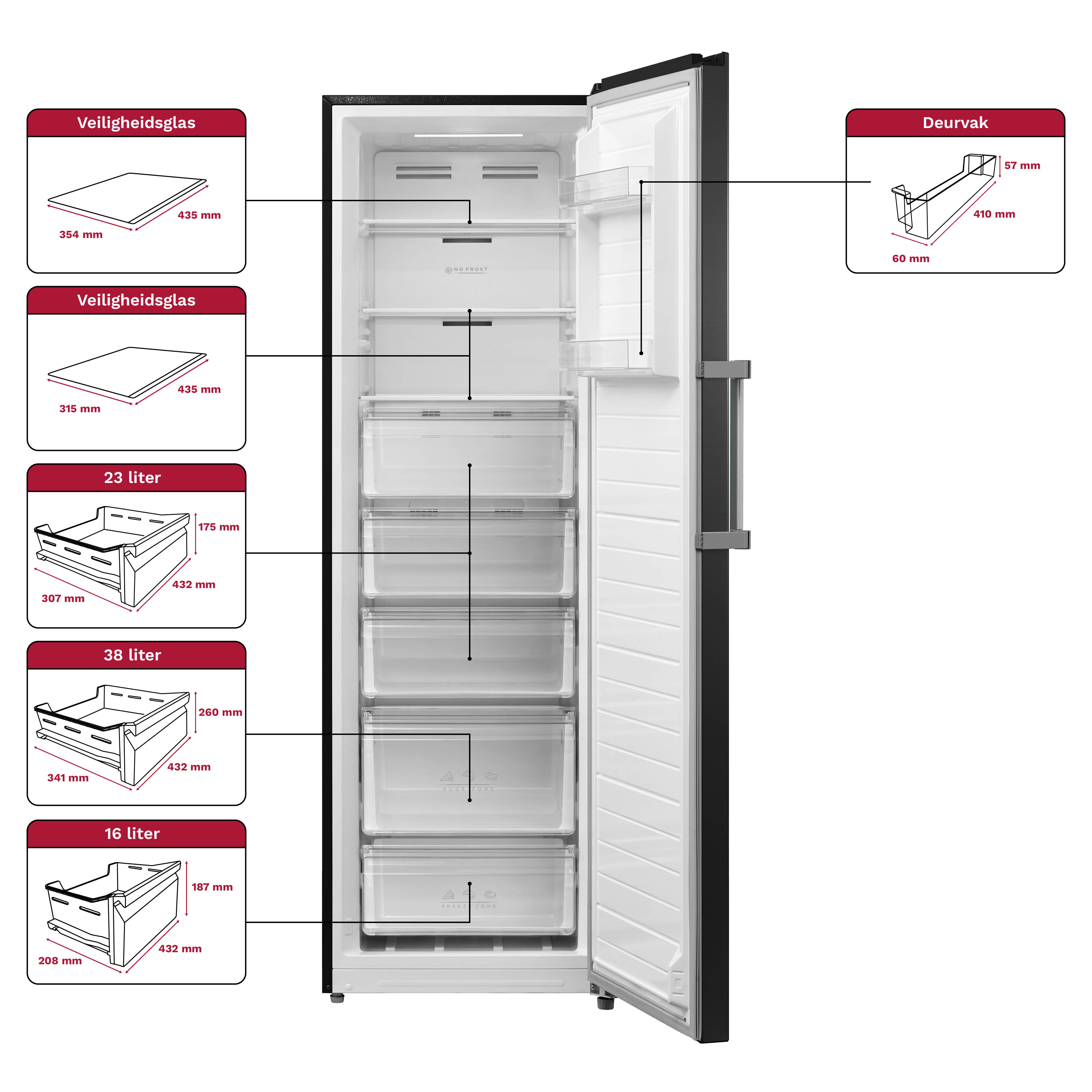 Black freezer with open door. Inside, drawers and shelves are visible. Labels indicate dimensions and capacity.