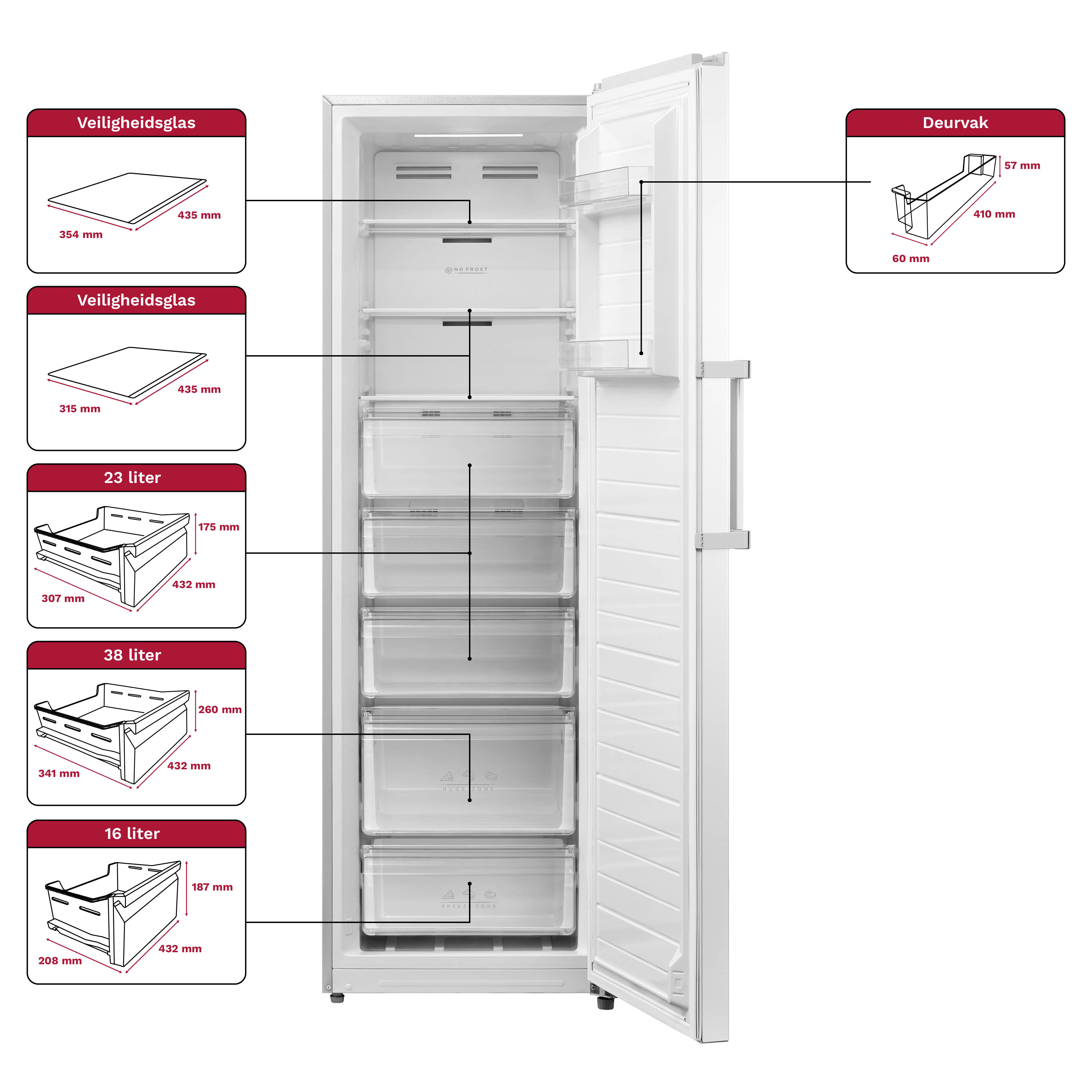 White freezer with open door. Inside, drawers and shelves are visible. Labels indicate dimensions and capacity.