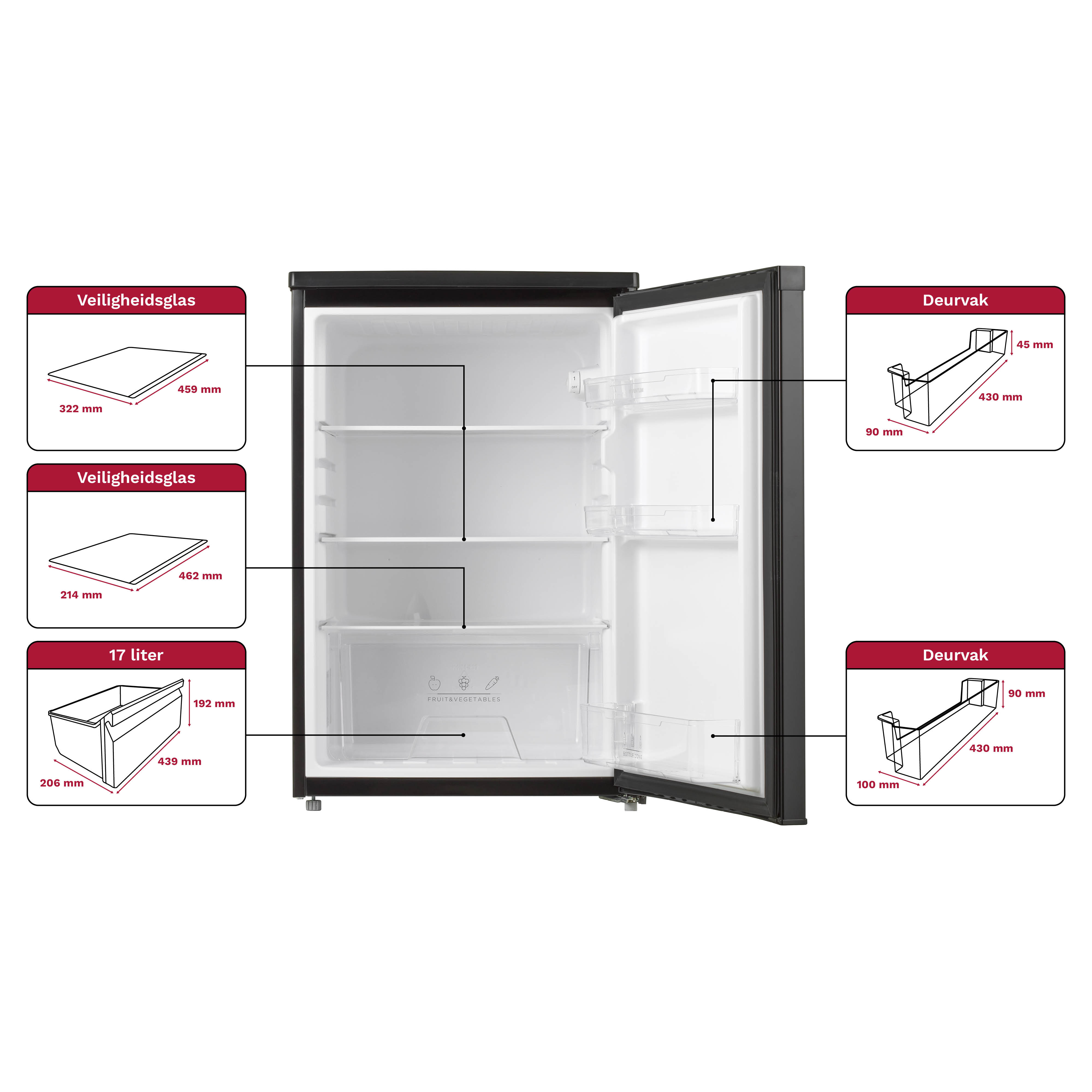 Black refrigerator with open door. Inside are shelves and a drawer. Labels show the dimensions of the components.