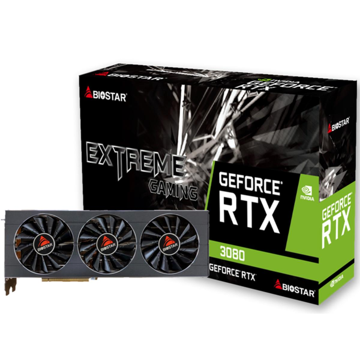 Eine Grafikkarte, eine GeForce RTX 3080-Box. Beide Artikel zeigen das Biostar-Logo.