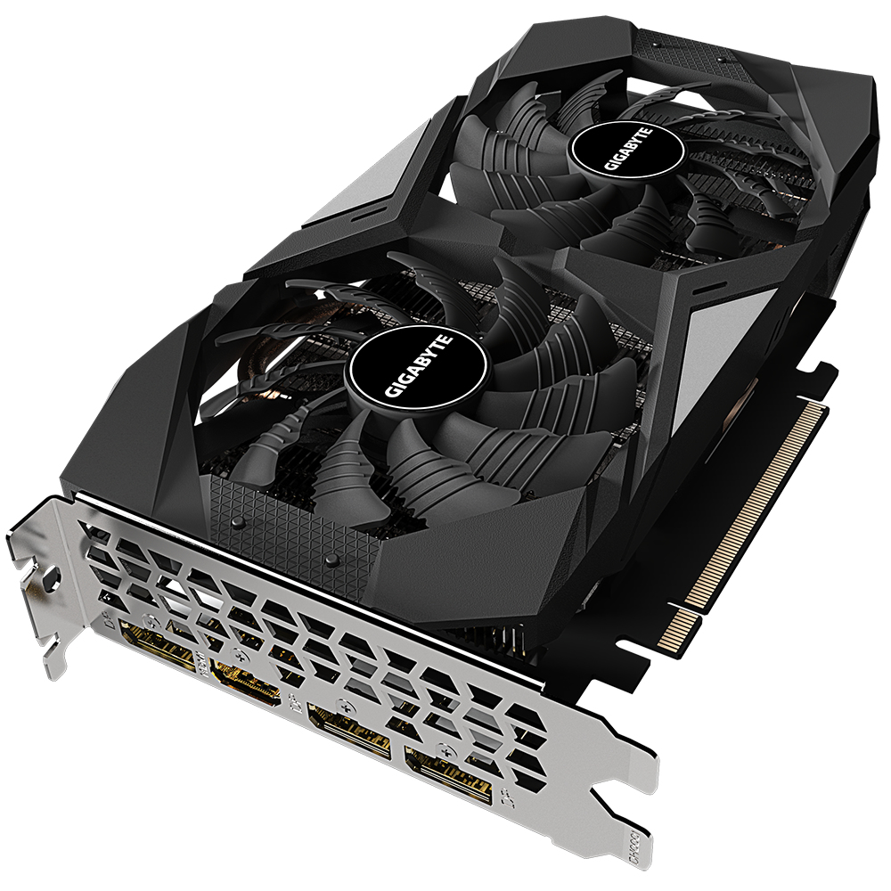 Una scheda grafica nera con due ventole e il logo Gigabyte. La scheda è su sfondo bianco.