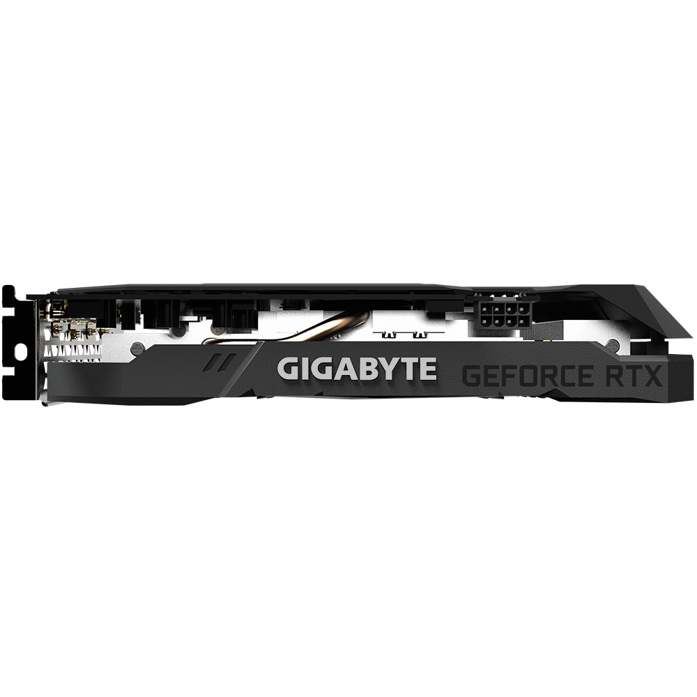 Una scheda grafica nera con i loghi Gigabyte e GeForce RTX. La scheda è vista di lato su sfondo bianco.