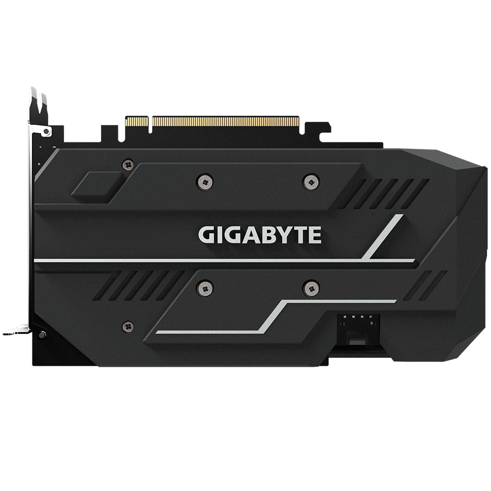 Una scheda grafica nera con il logo Gigabyte. La scheda è su sfondo bianco e vista lateralmente.