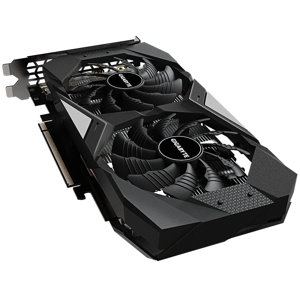 Una scheda grafica nera con due ventole, un involucro nero e il logo Gigabyte. Su sfondo bianco.