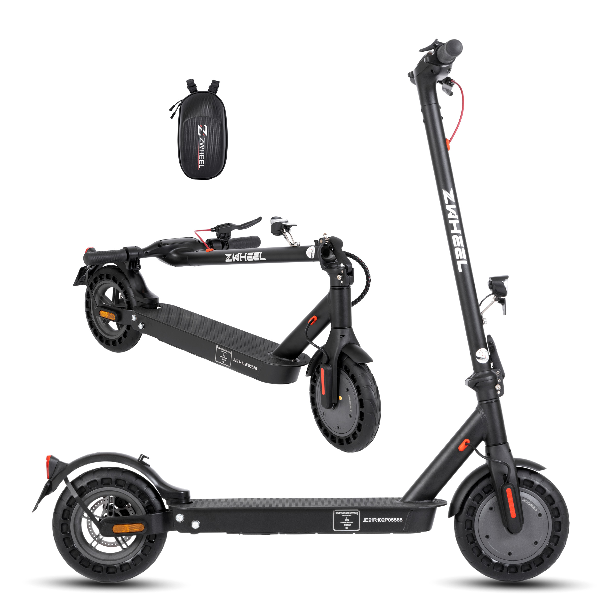 Scooter elettrico nero con tre viste.