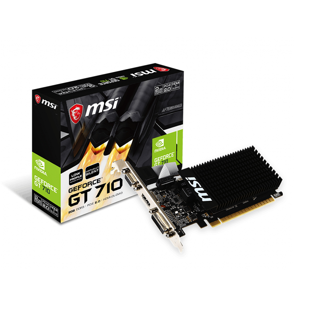 MSI GeForce GT 710 Grafikkarte mit Box, angewinkelte Ansicht.