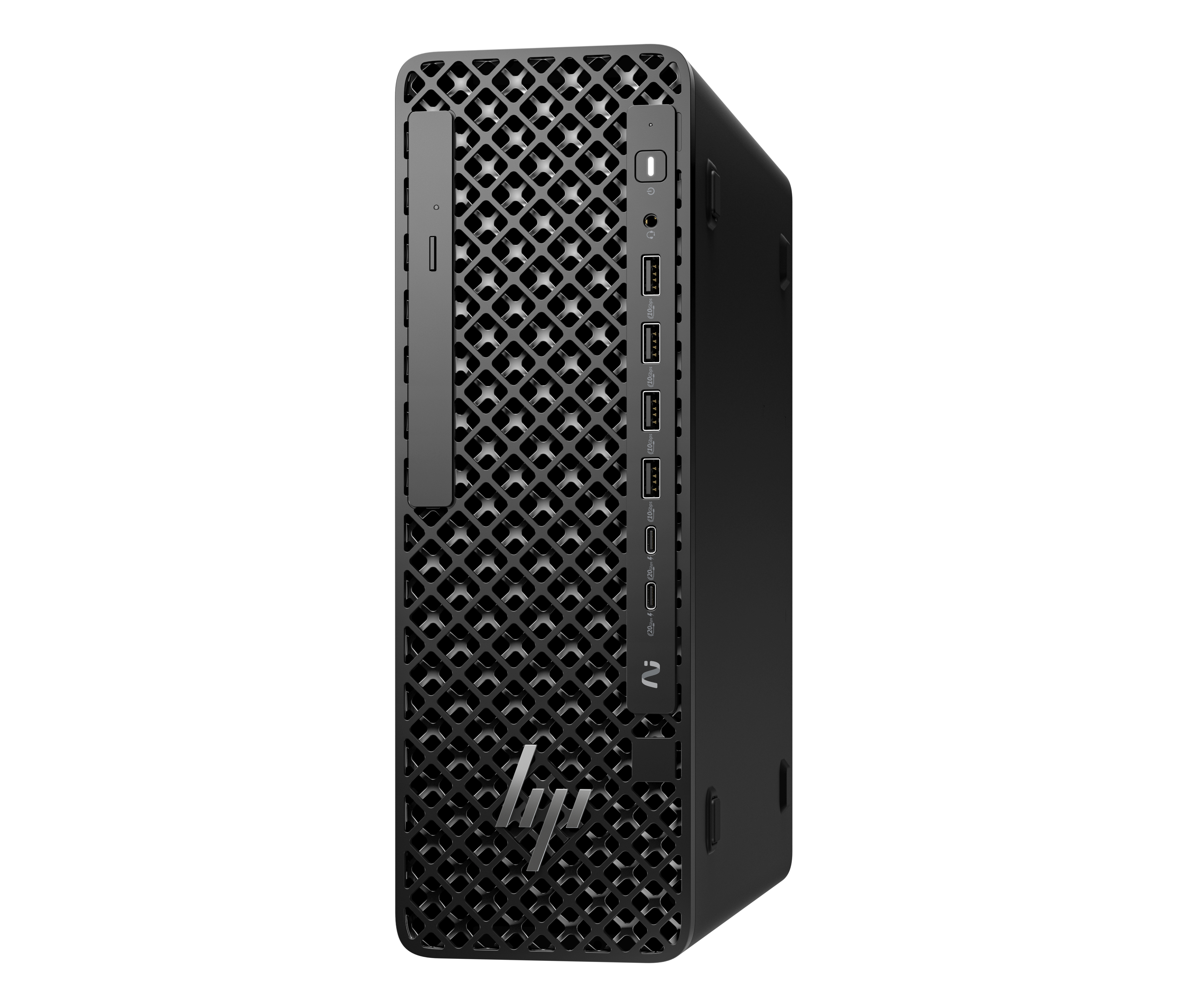 Un case per computer desktop nero con pannello frontale perforato. Il logo HP è in basso, e sono visibili varie porte.