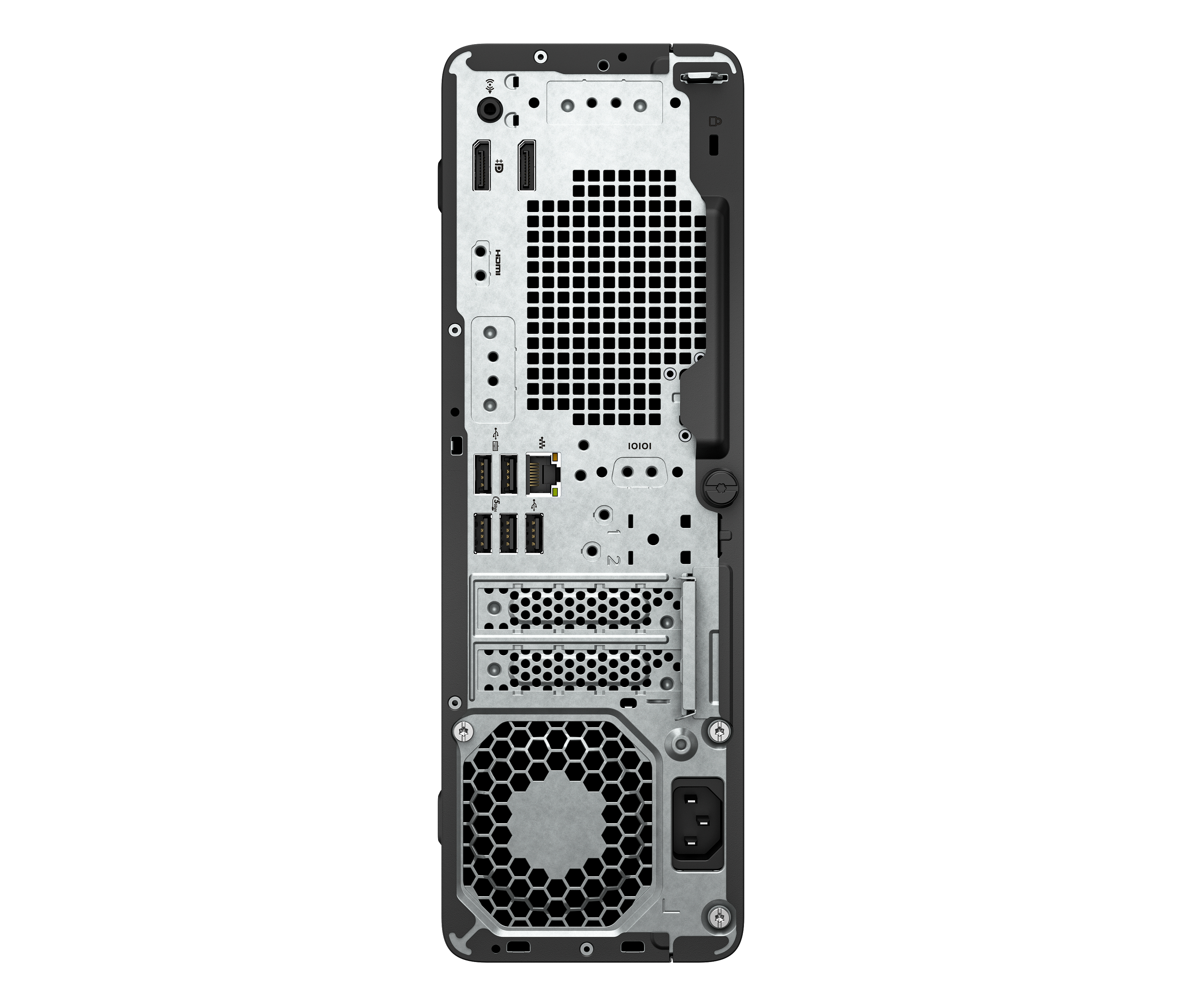 Il retro di un computer desktop nero. Ha diverse porte, una ventola e un ingresso di alimentazione.