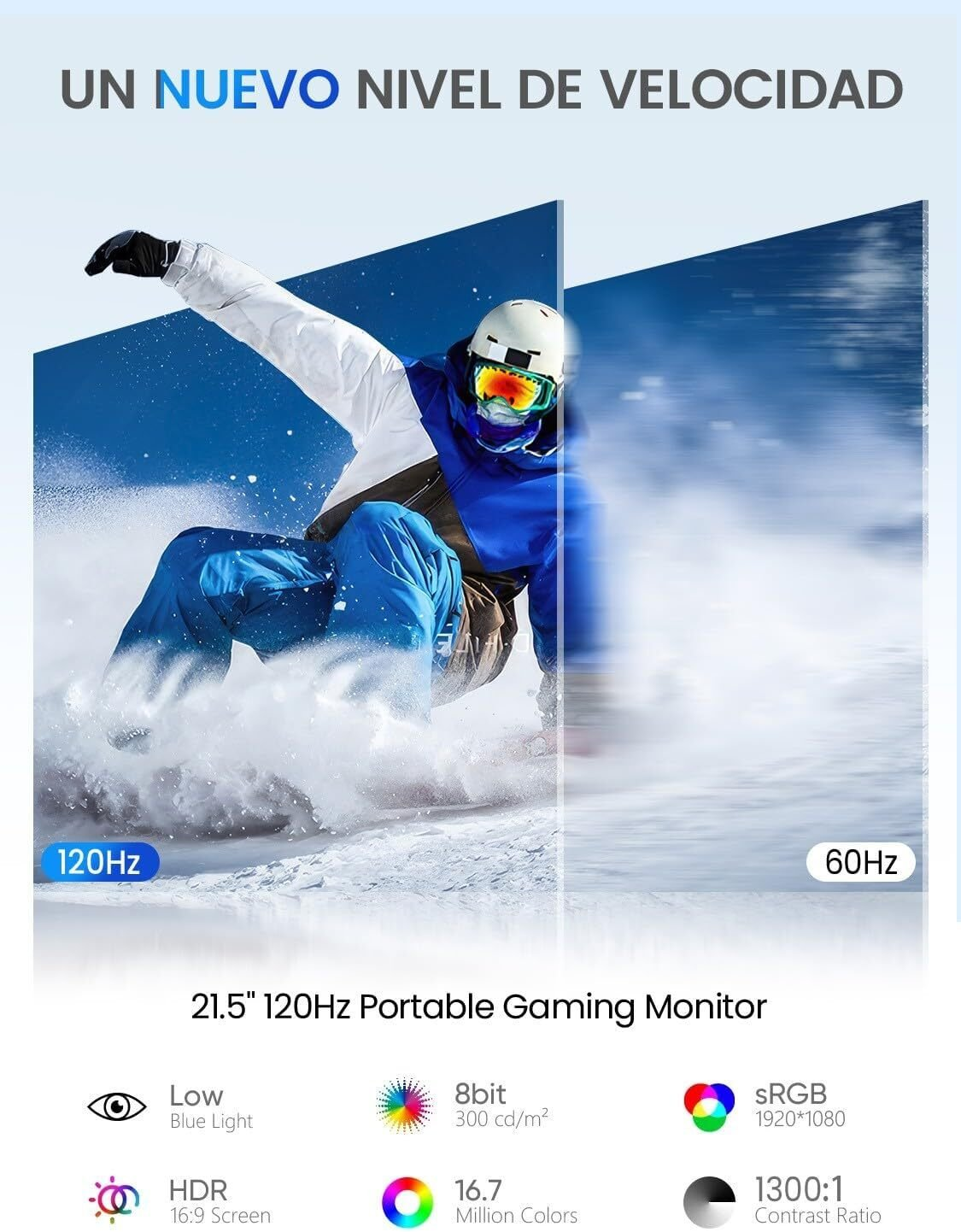 Monitor gaming portátil de 21.5" con esquiador. 120Hz, 1920*1080, 8bit.