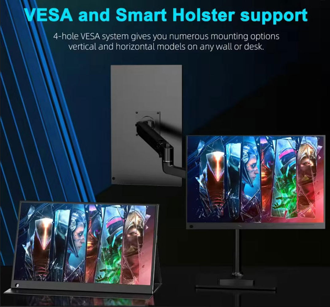Soporte VESA y soporte de funda inteligente. Múltiples monitores muestran escenas de juego.